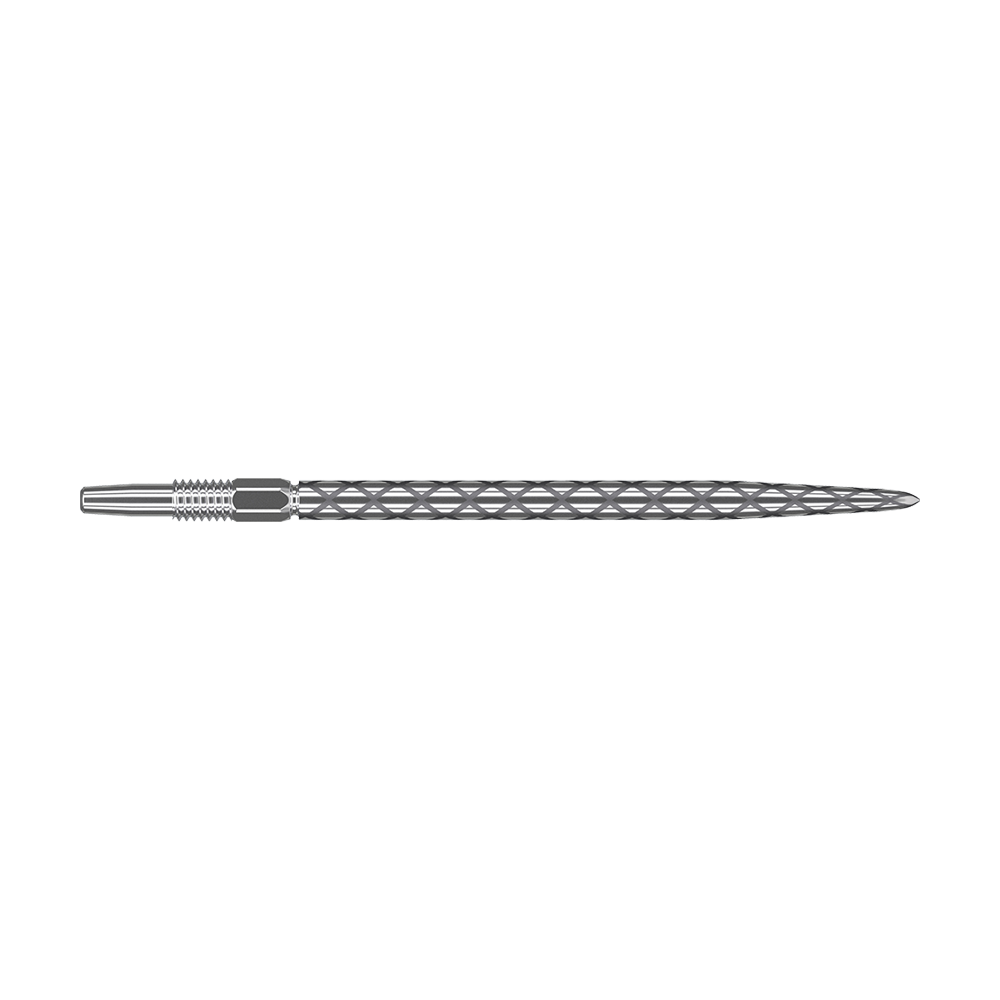 Końcówki do lotek Target Swiss Diamond Pro Silver Points Das Bild zeigt eine silberne Dartspitze mit einem rautenförmigen Muster auf der Oberfläche. Sie ist lang und schmal gestaltet und besitzt ein Schraubgewinde am hinteren Ende.