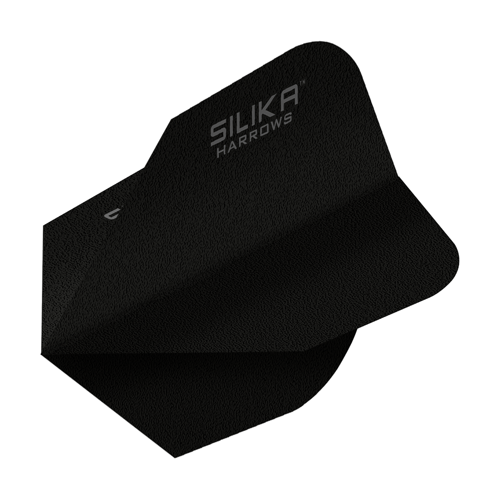 Harrows Solidna, wytrzymała, krystaliczna powłoka krzemionkowa, czarna, lot nr 6 Das Bild zeigt ein schwarzes Dartflight mit der Aufschrift "SILIKA HARROWS". Es handelt sich um das Modell "Harrows Silika Solid Tough Crystalline Coating Black No6 Flight".
