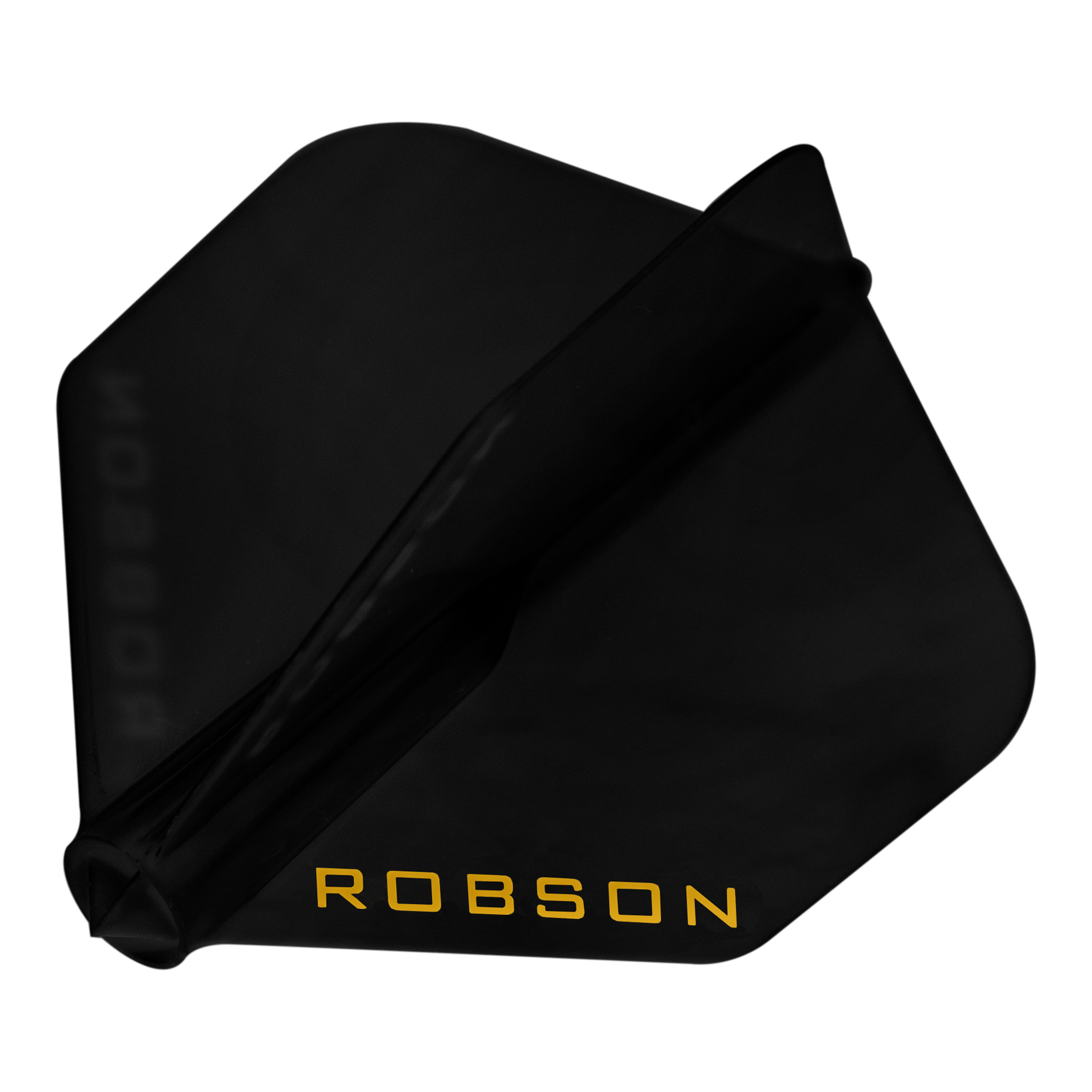 Loty Robson Plus - NO6 Das Bild zeigt einen schwarzen Dartflug. Auf dem Flug steht in gelber Schrift das Wort "ROBSON".