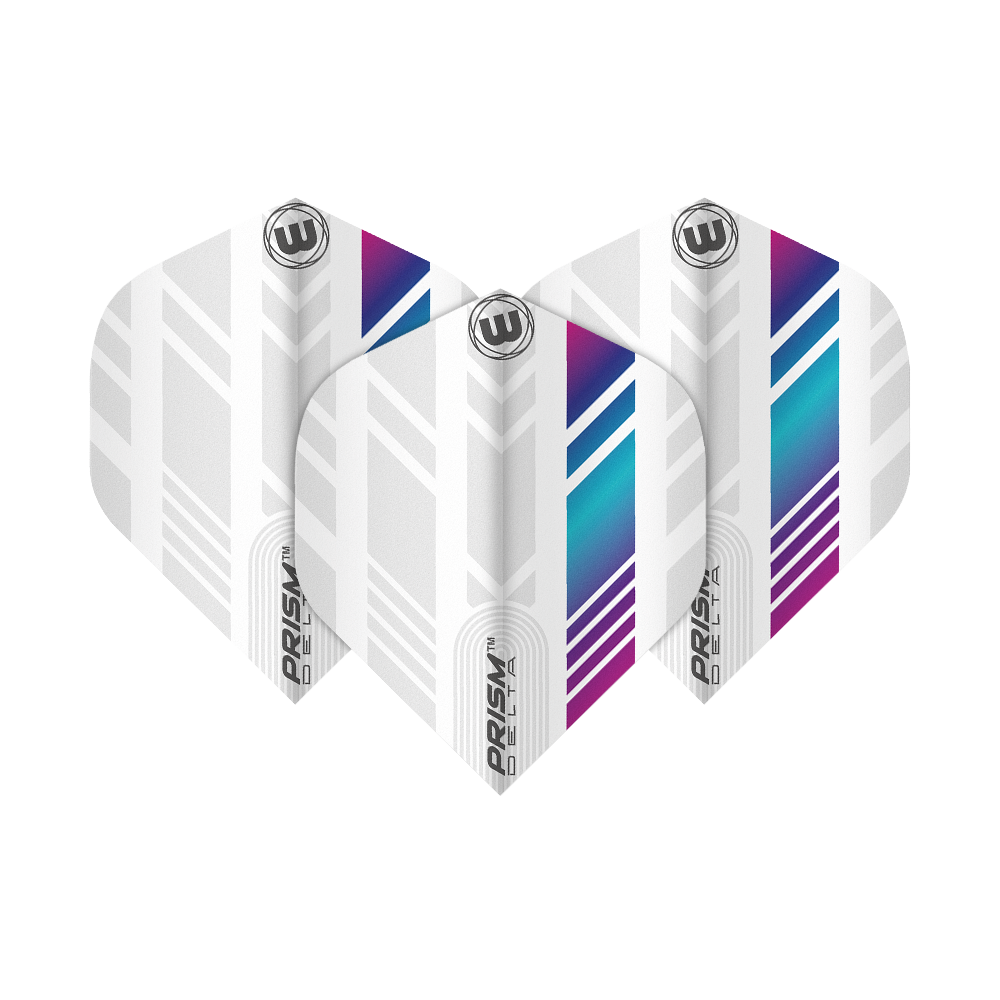 6915-213_Winmau_Prism_Delta_6915-213_Standard_Flights_1vVW78bffVdBBf Das Bild zeigt die Winmau Prism Delta 6915.213 Standard Flights. Sie sind überwiegend weiß mit bunten, geometrischen Mustern in Blau, Lila und Türkis.