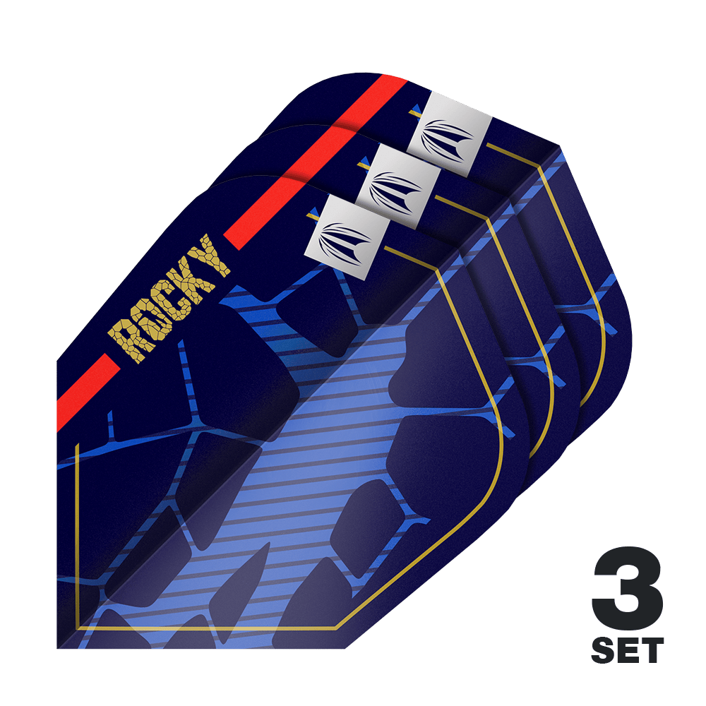 Lotki Target Pro Ultra Josh Rock GEN1 Ten-X - 3 zestawy Das Bild zeigt drei Sätze der Target Pro Ultra Josh Rock GEN1 Ten-X Flights. Die Flights sind dunkelblau mit goldenen, roten und blauen Akzenten und dem Schriftzug "ROCKY".
