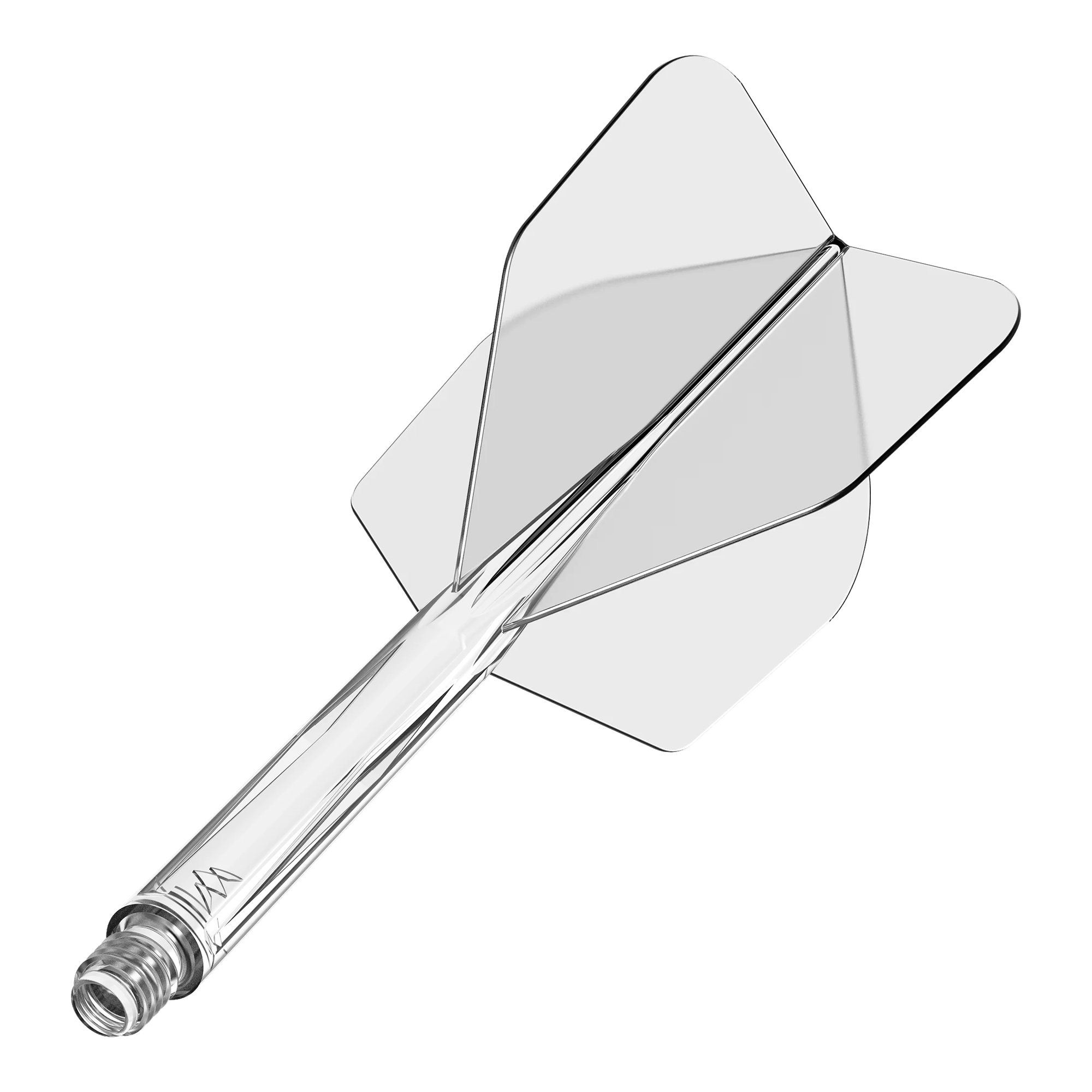 Das Bild zeigt das Produkt "Mission Force 90 No6 Flight-Shaft-System - Clear". Es handelt sich um ein durchsichtiges Flightsystem für Darts.