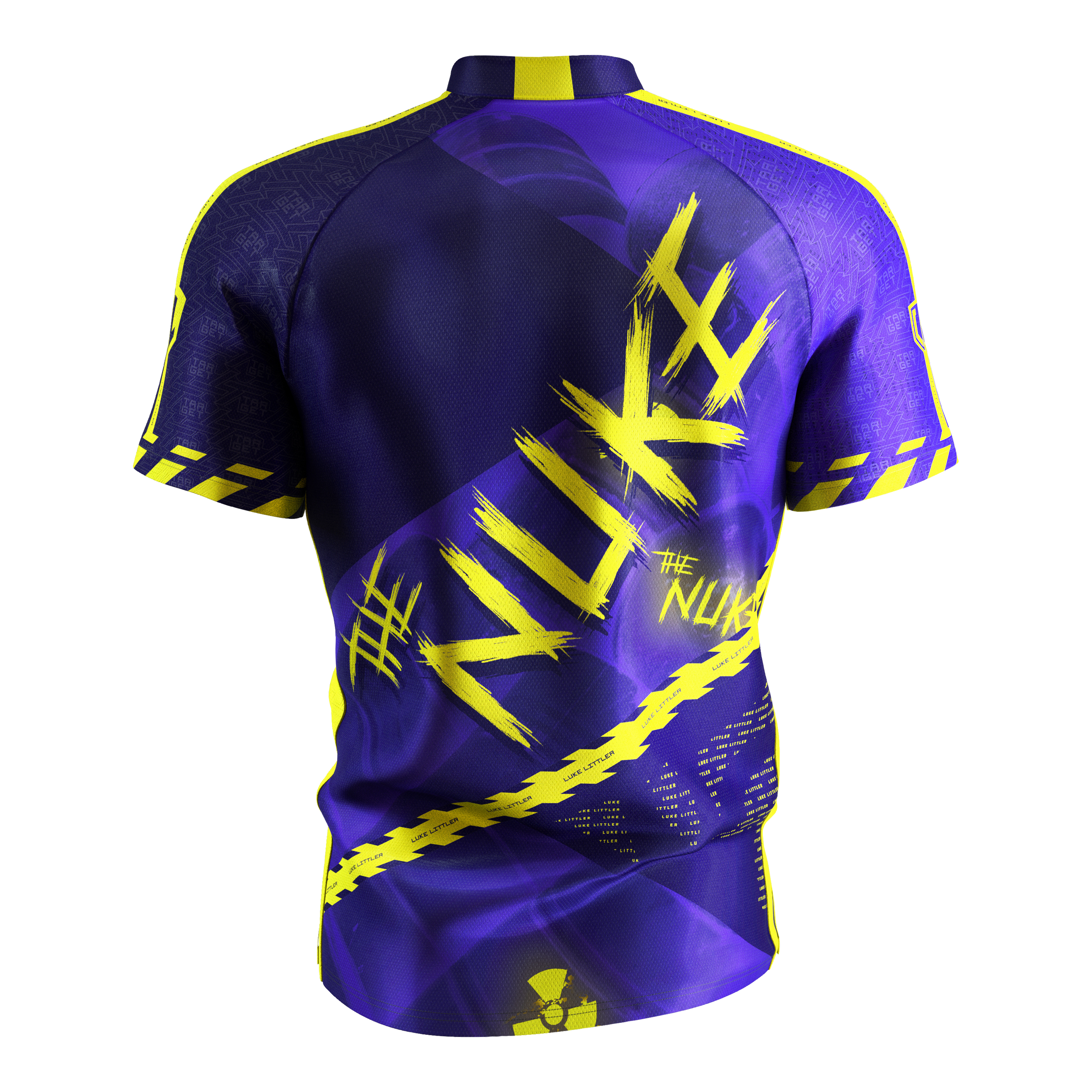 Koszulka do darta Target Coolplay Luke Littler 2025 Das Bild zeigt das „Target Coolplay Luke Littler 2025 Dartshirt“ von hinten. Das Shirt ist überwiegend lila mit auffälligen gelben Designs und dem Schriftzug „NUKE“ auf dem Rücken.