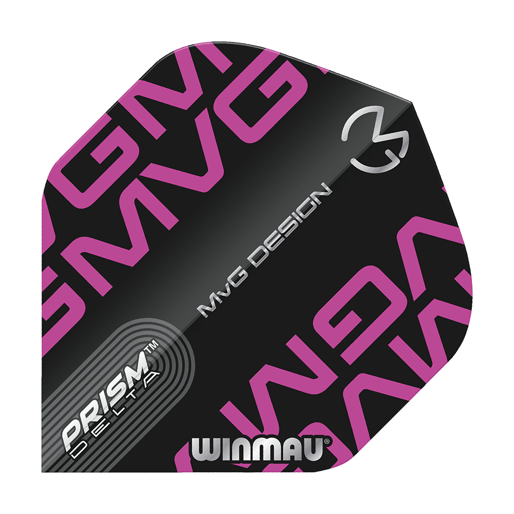 Das Bild zeigt ein Dart-Flight in Schwarz mit auffälligen lila "MVG"-Schriftzügen. Auf dem Flight stehen außerdem die Worte "PRISM DELTA", "MVG DESIGN" und "WINMAU".