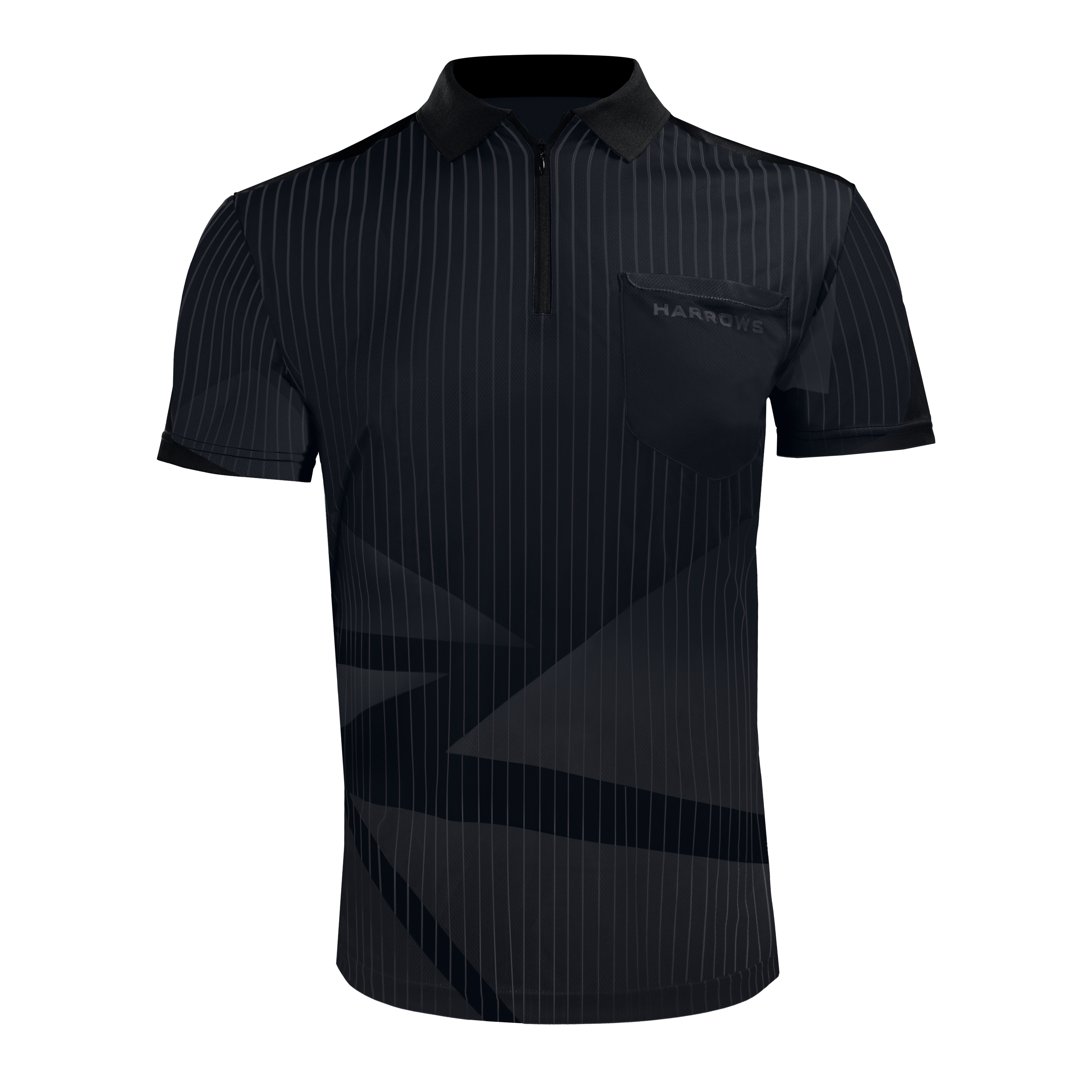 Harrows Shard Dartshirt - Schwarz Das Bild zeigt das Harrows Shard Dartshirt in Schwarz mit feinen, vertikalen Streifen. Auf der linken Brust befindet sich eine Tasche mit dem aufgedruckten Schriftzug "HARROWS".