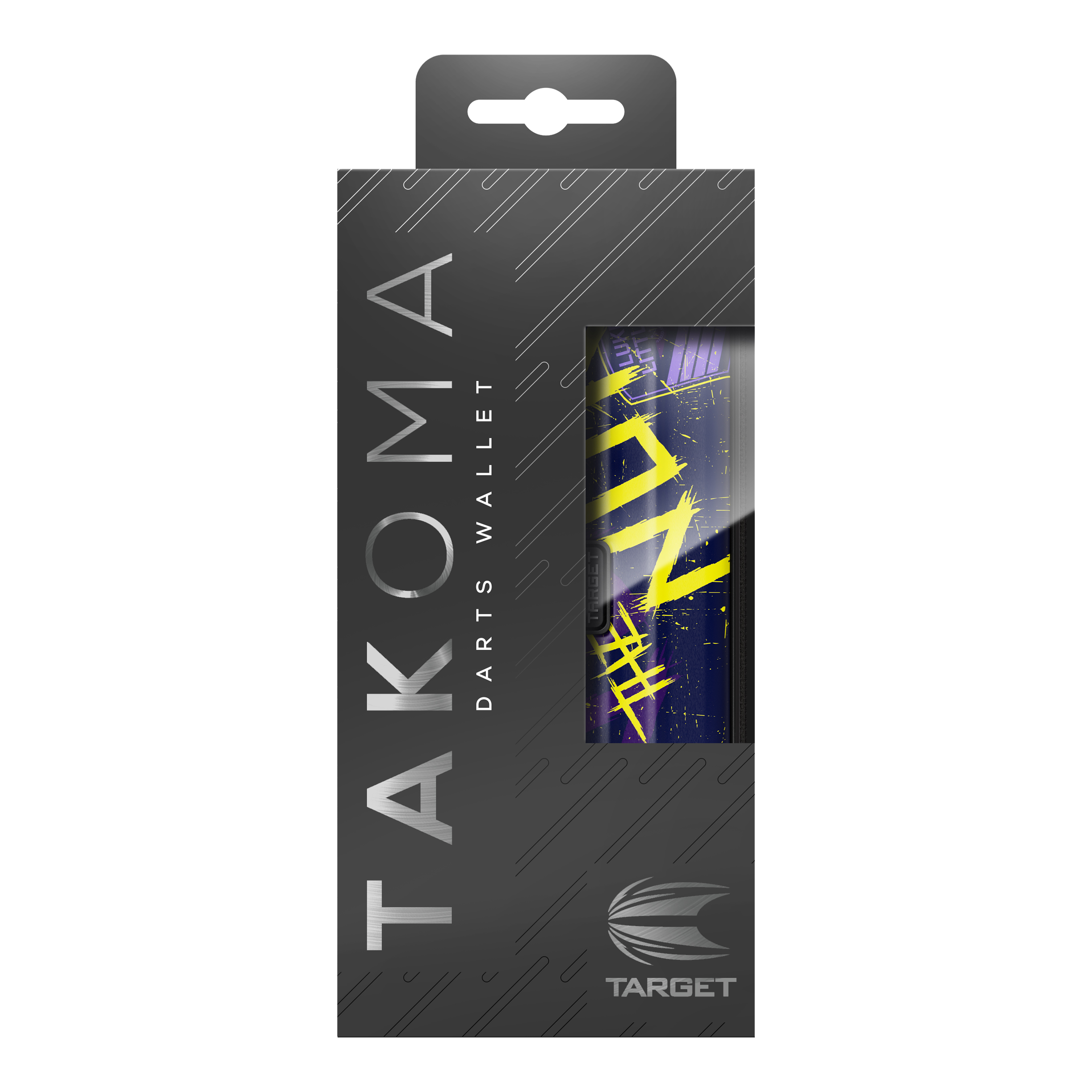 Etui na lotki Target Takoma Luke Littler Die Abbildung zeigt die Verpackung des "Target Takoma Luke Littler Dartcase". Die Schachtel ist überwiegend schwarz mit silberner Schrift und einem Sichtfenster, das einen Teil des Dartcase-Designs zeigt.