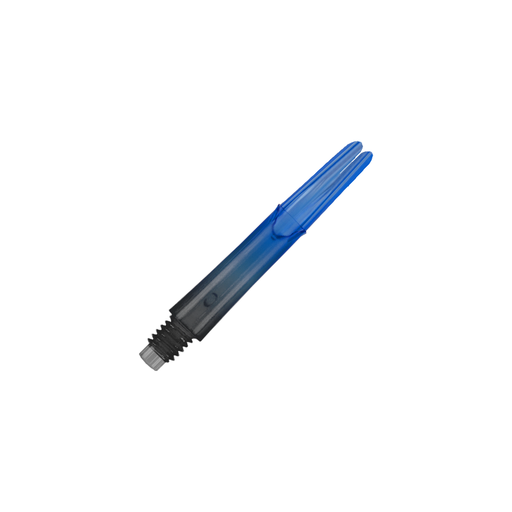 Dwukolorowe wałki L-L-Style-Shaft Locked Straight Natural9 - niebieskie Auf dem Bild ist ein blauer, transparenter Dart-Schaft zu sehen. Der Schaft hat ein gerades Design und ein schwarzes Gewinde am unteren Ende.