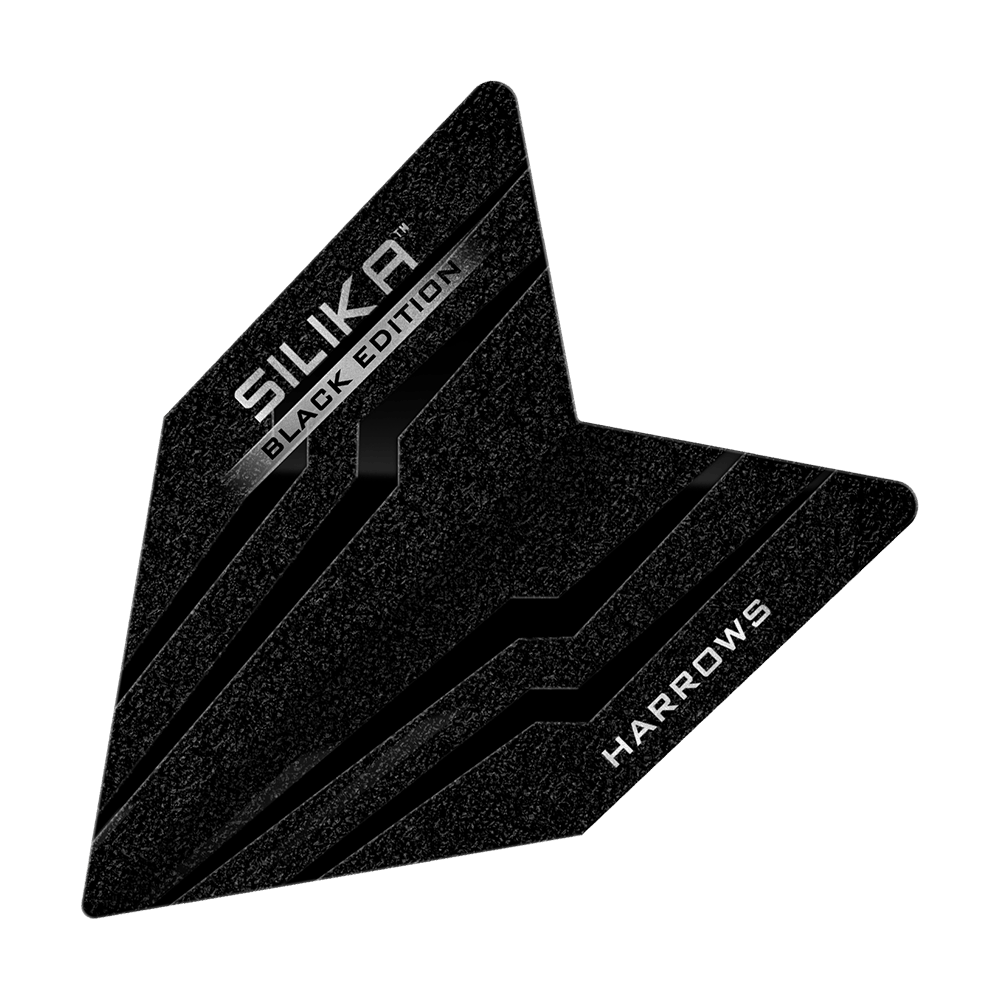 Harrows Silika Black Edition Velos Flights Das Bild zeigt ein schwarzes Dartflight mit dem Namen "Harrows Silika Black-Edition Velos Flights". Auf dem Flight stehen die Wörter "SILIKA BLACK EDITION" und "HARROWS" in weißen Buchstaben.