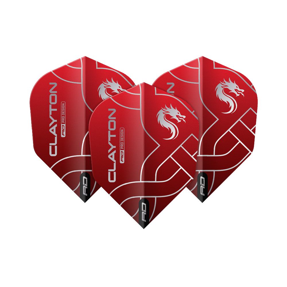 Das Bild zeigt drei rote Dart-Flights mit silbernen Linien und einem weißen Drachenmotiv. Auf den Flights steht "CLAYTON" und "RD PRO DESIGN".