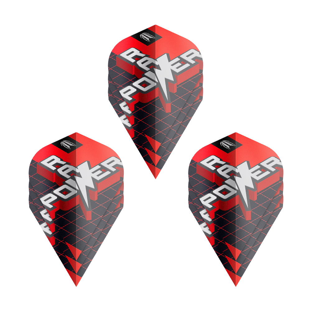 Das Bild zeigt drei Sets der Target Pro Ultra Phil Taylor Power 9Five GEN11 Vapor S Flights. Die Flights sind überwiegend rot und schwarz mit dem Schriftzug "POWER" und einem Blitz-Design.