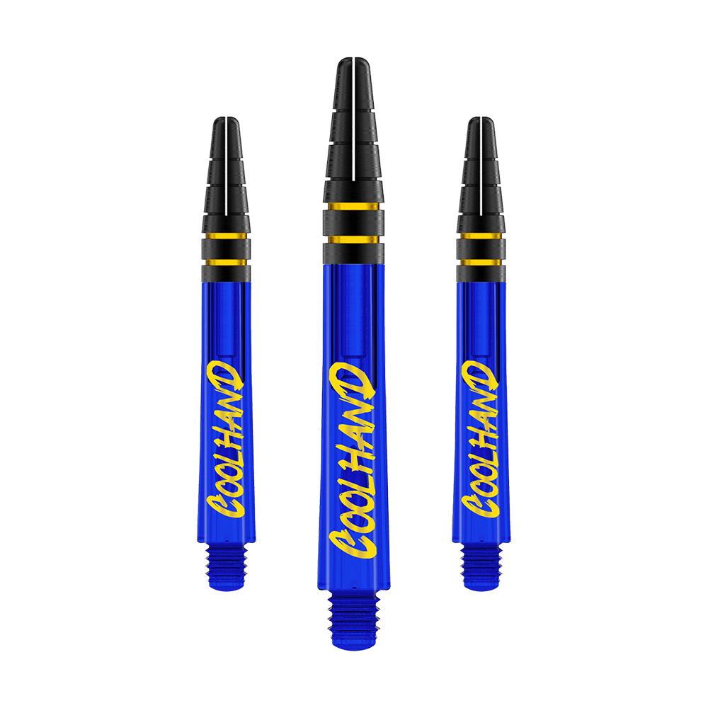 Red Dragon Nitrotech Luke Humphries Coolhand Shafts - Niebieski Das Bild zeigt drei blaue Dartschäfte mit der gelben Aufschrift "COOLHAND". Die Schäfte haben schwarze und goldene Ringe am oberen Ende.