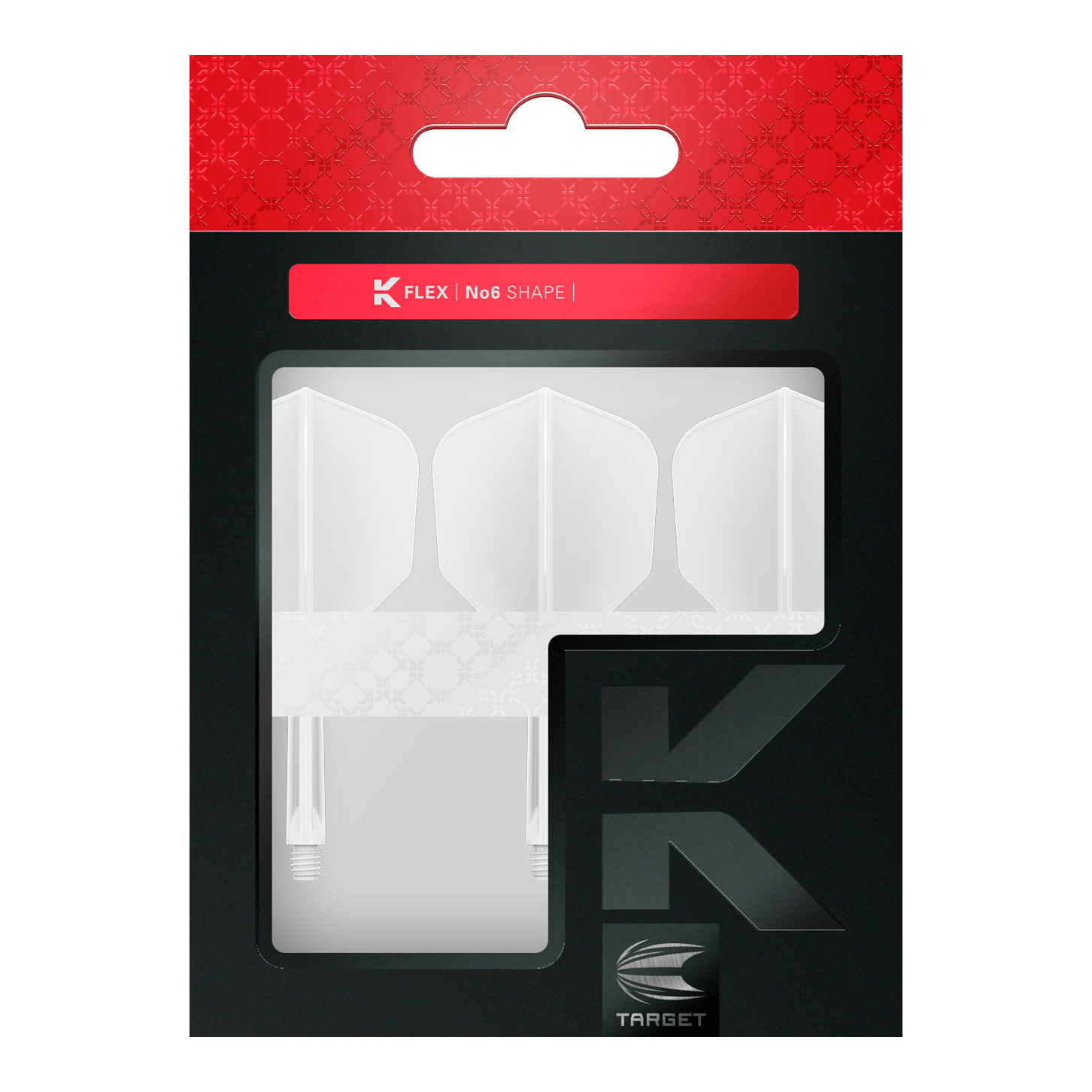 System lotu Target K-Flex No6 - biały Das Bild zeigt eine Verpackung mit drei weißen Dartflights im No6-Format der Marke Target. Die Verpackung ist überwiegend schwarz mit einem roten oberen Bereich und einem Sichtfenster für die Flights.