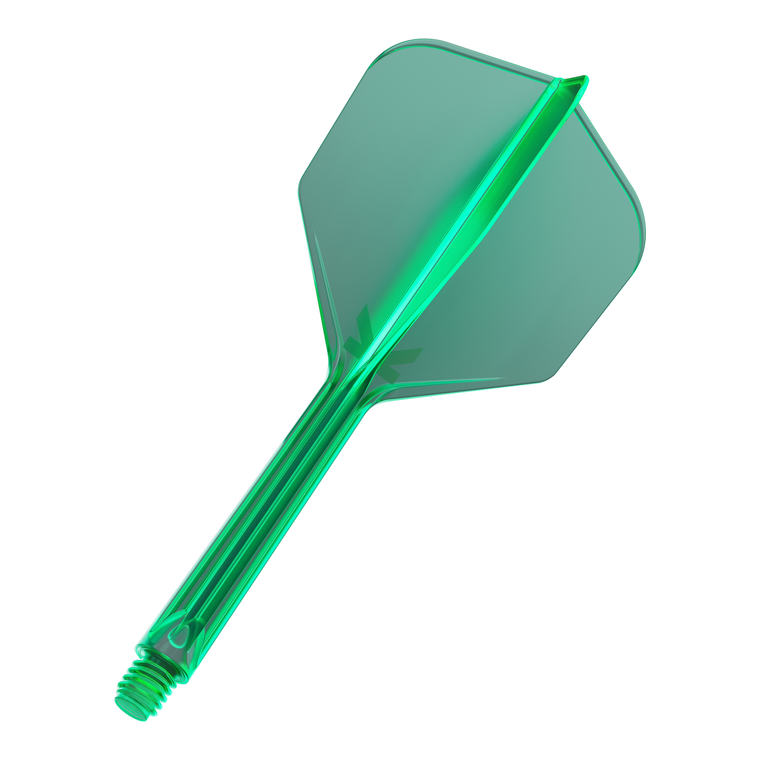 System lotu Target K-Flex No6 – zielony Darts mit besonderer Flight-Länge sind zu sehen. Die Spitzen sind symmetrisch ausgerichtet.