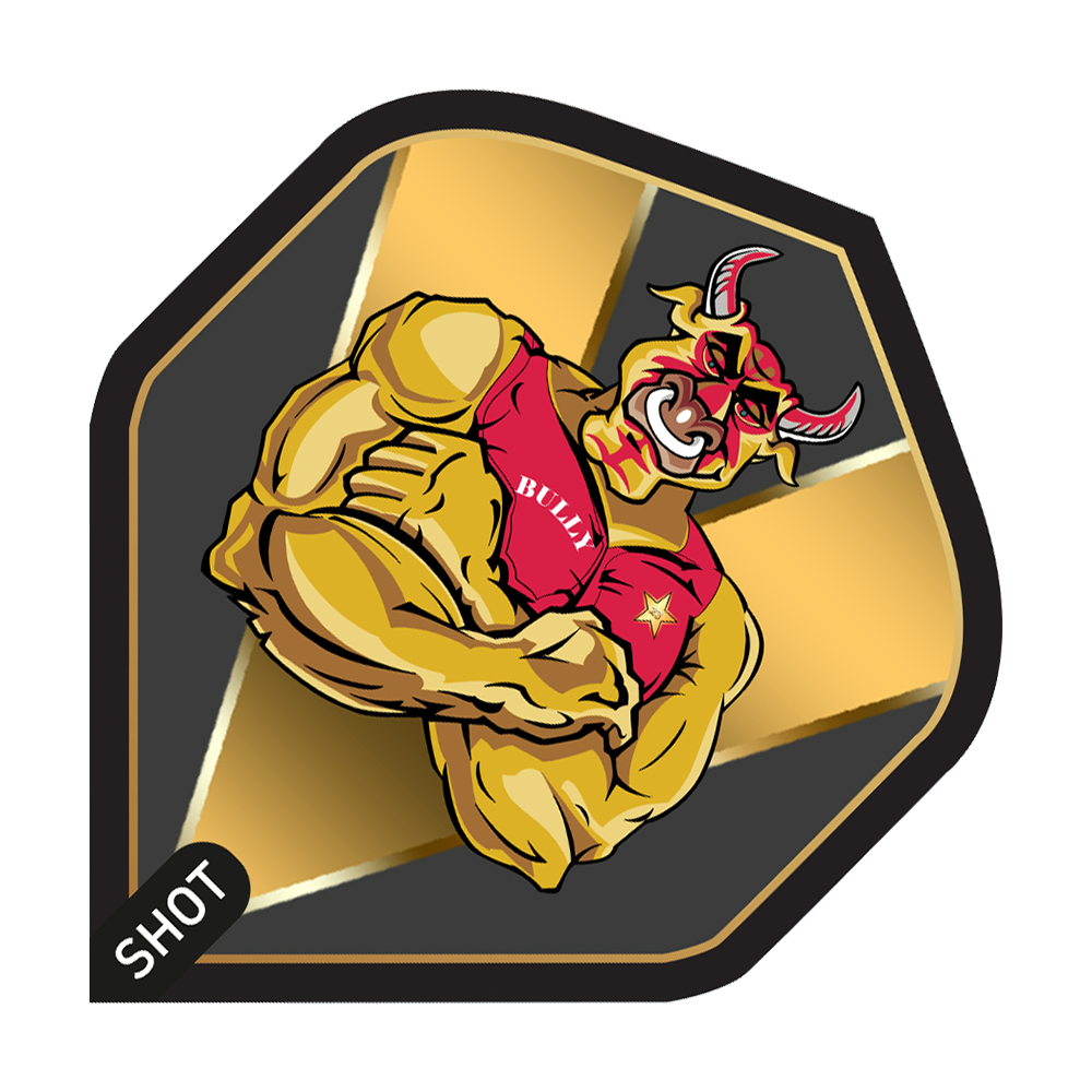 Shot Michaela Smitha Bully Boy Gold Standard Flights Das Bild zeigt ein Dartflight-Design mit einem muskulösen Stier im roten Trikot, auf dem "BULLY" steht. Im Hintergrund sind goldene und schwarze Farbakzente sowie das Logo "SHOT" zu sehen.