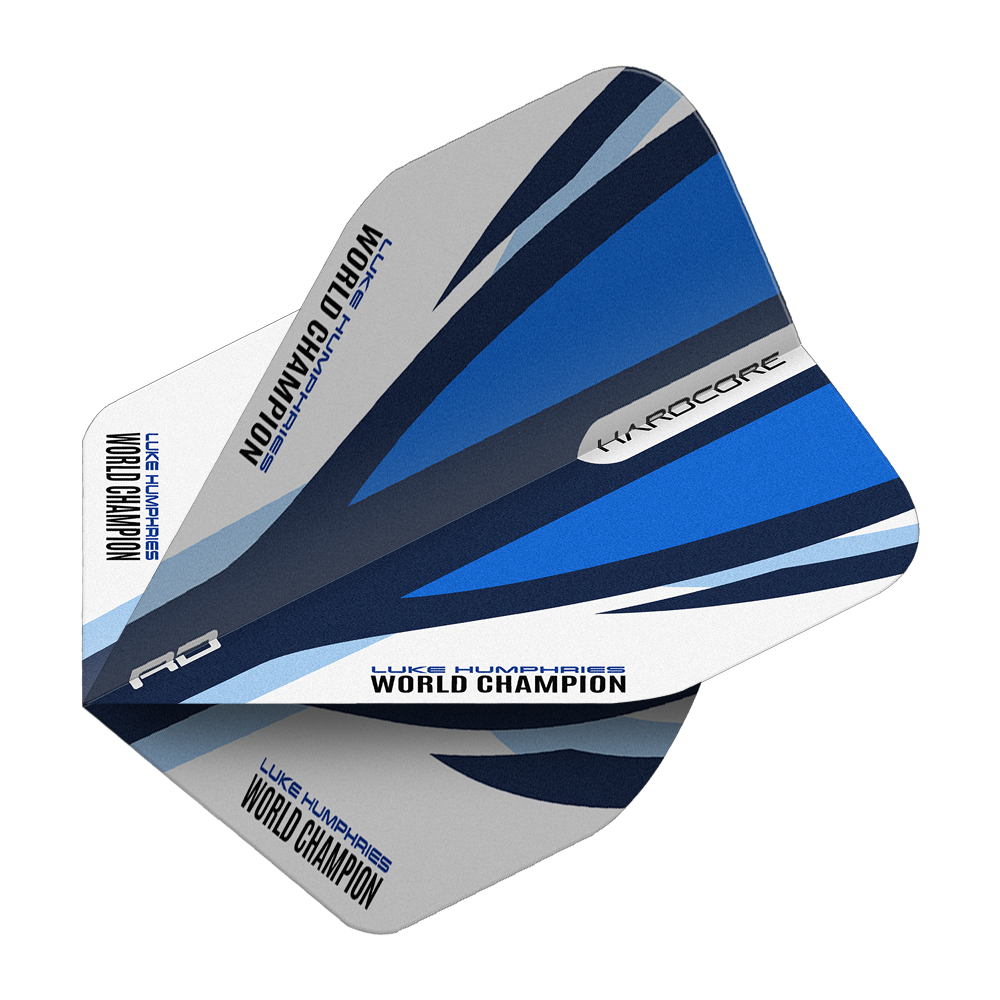 Czerwony Smok Hardcore Luke Humphries Niebiesko-Biały Standardowe Loty Das Bild zeigt die Red Dragon Hardcore Luke Humphries Blue White Standard Flights. Die Dartflights haben ein blau-weißes Design und den Aufdruck "Luke Humphries World Champion".