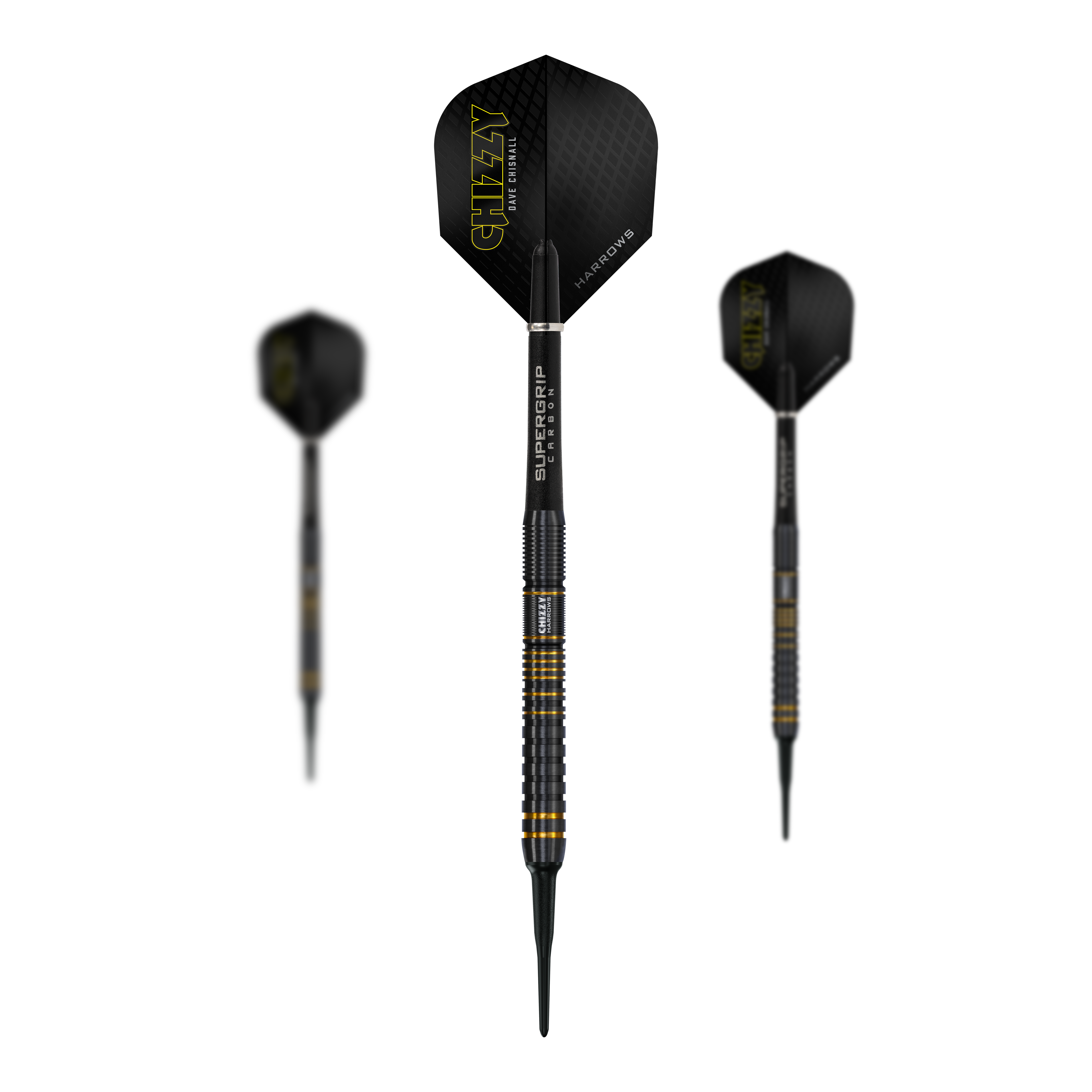 Miękkie lotki Harrow's Dave Chisnall Chizzy Series 3 Das Bild zeigt drei Softdarts der Marke Harrows aus der Dave Chisnall Chizzy Series 3. Die Darts haben schwarze Flights mit gelber Aufschrift und schwarzen Schäften mit gelben Akzenten.