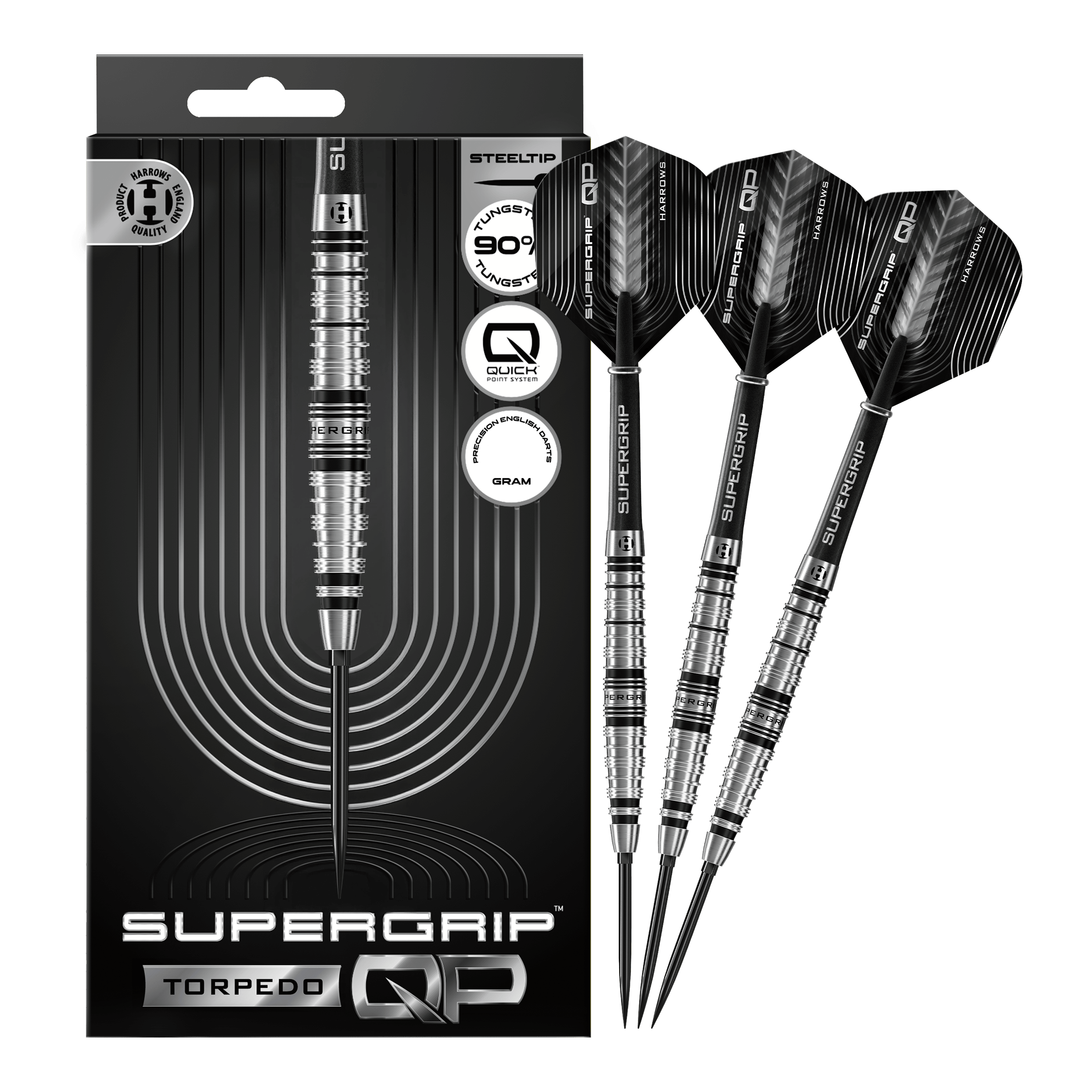 Lotki stalowe Harrows Supergrip Torpedo Quick Point Abgebildet sind Harrows Supergrip Torpedo Quick Point Steeldarts. Die Steeldarts sind vollständig dargestellt.