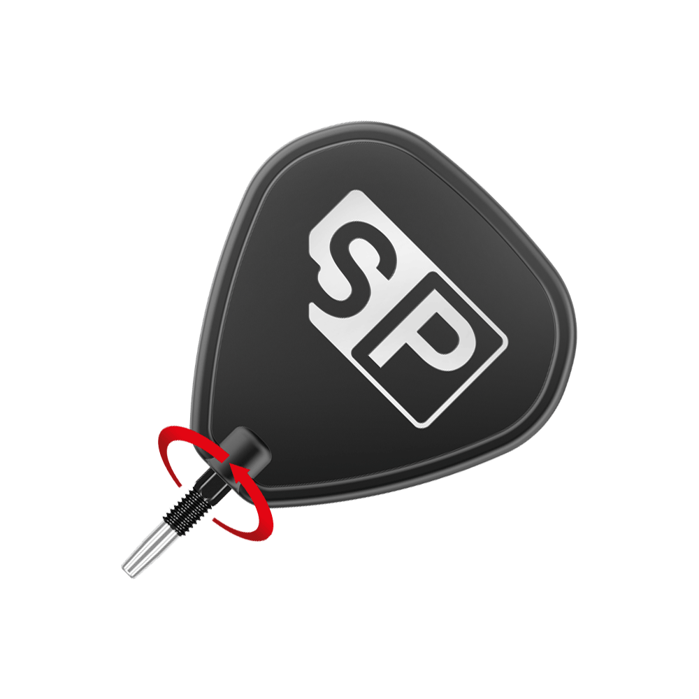 Target Swiss Point Nano Dartspitzen - Black Das Bild zeigt eine schwarze Dartspitze mit einem weißen "SP"-Logo darauf. Ein roter Pfeil deutet auf eine Drehbewegung am unteren Teil der Spitze hin.