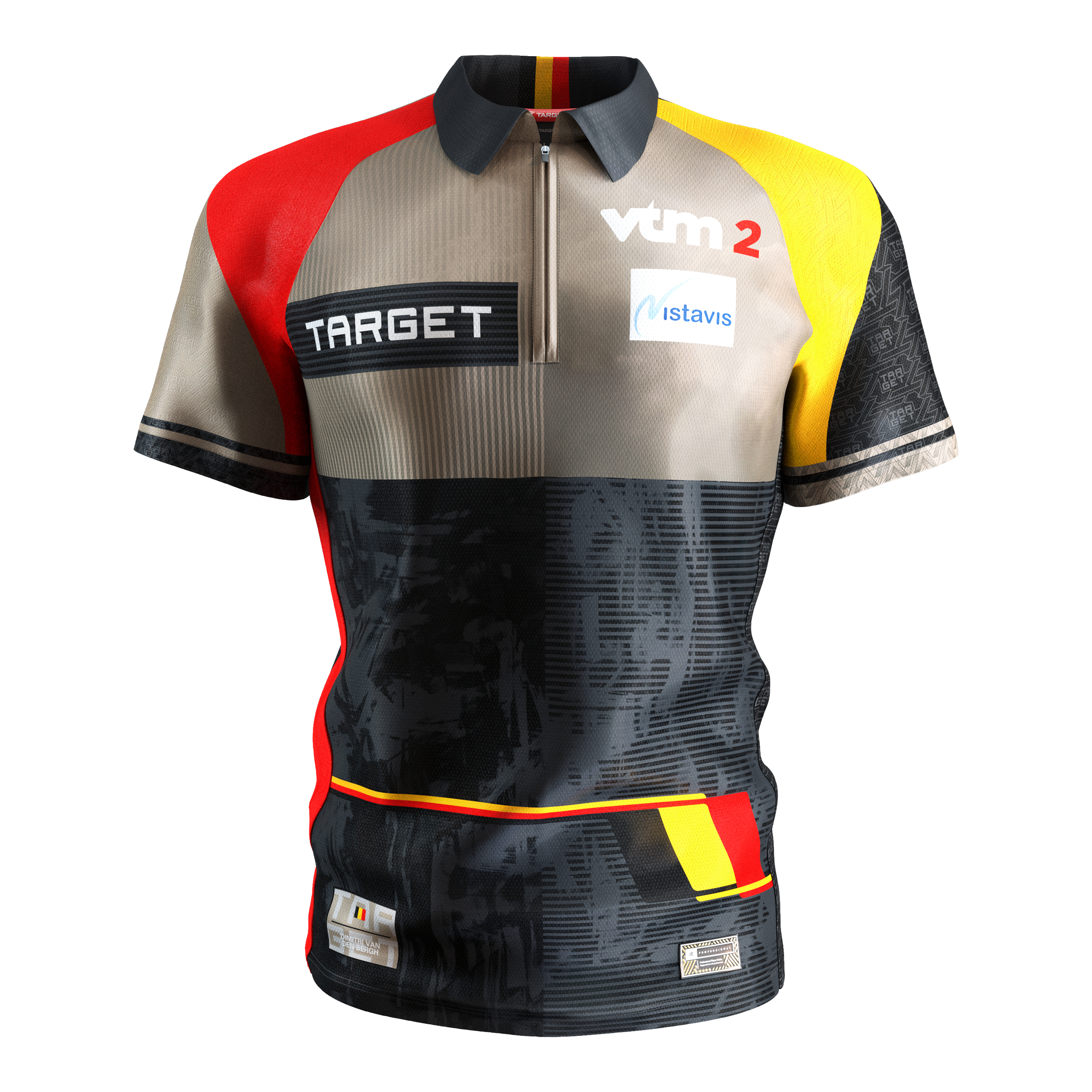 Koszulka do darta Target Coolplay Dimitri Van Den Bergh 2025 Das Bild zeigt das "Target Coolplay Dimitri Van Den Bergh 2025 Dartshirt". Das Shirt ist bunt gestaltet mit den Farben Schwarz, Rot, Gelb und Beige und trägt mehrere Sponsorenlogos.