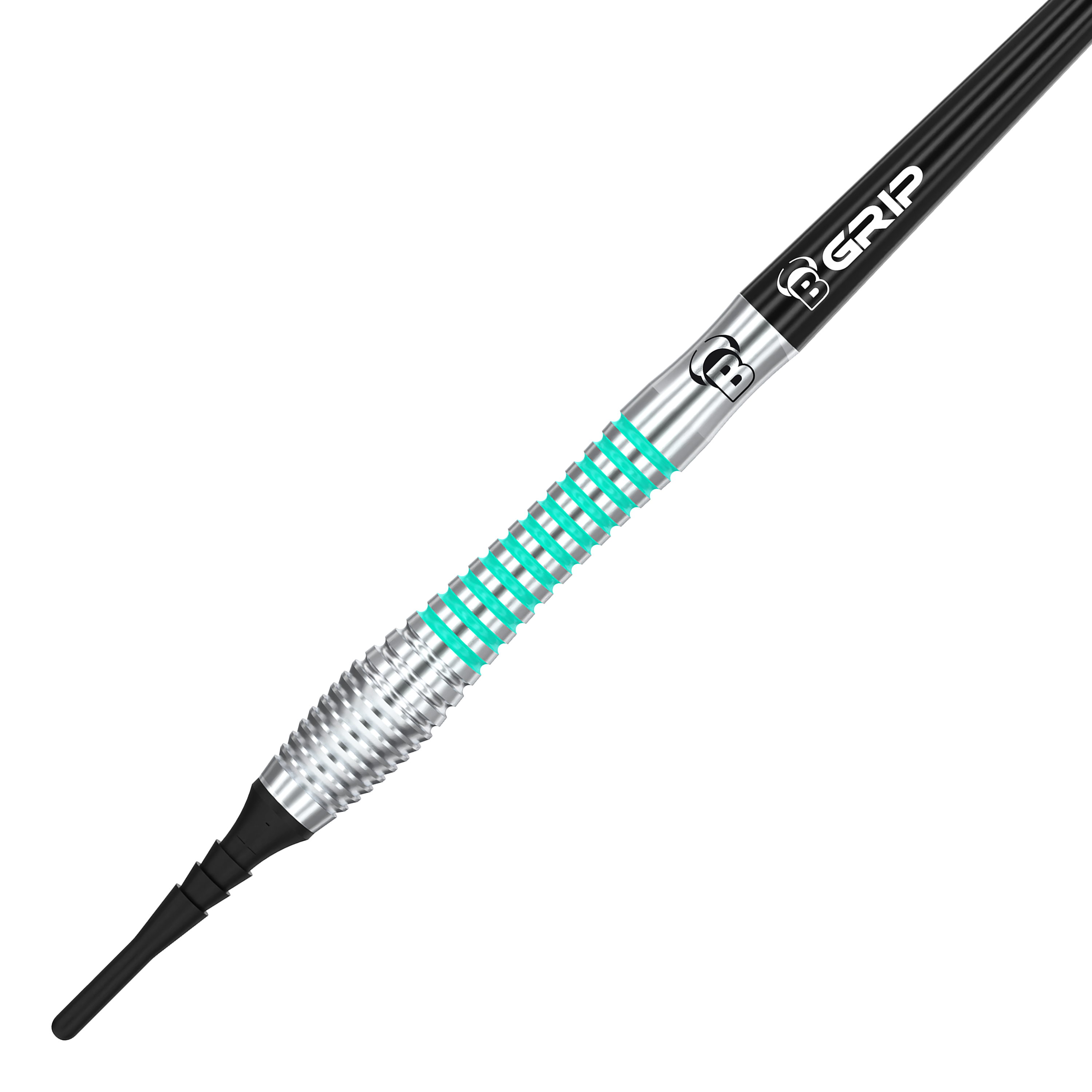 Das Bild zeigt einen Bulls Veco V2 Softdart mit silbernem und türkisfarbenem Griffbereich. Auf dem schwarzen Schaft steht das Wort "GRIP".