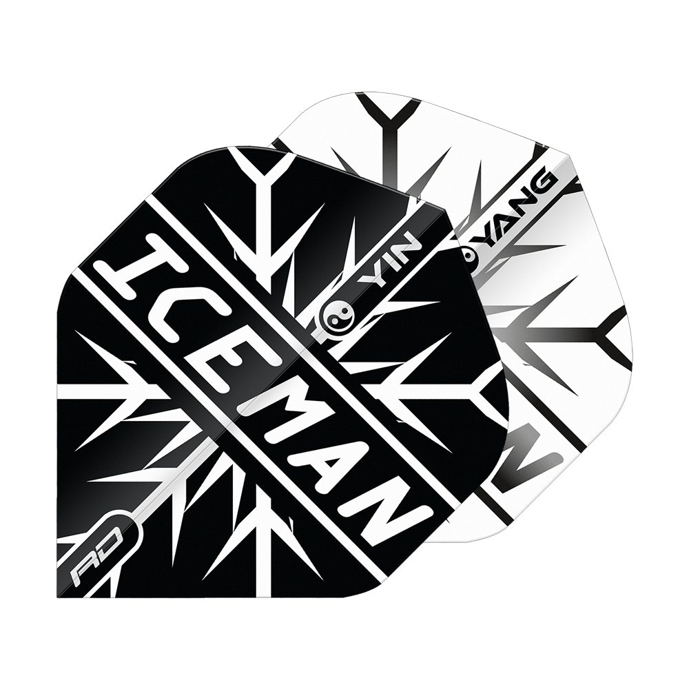 Red Dragon Gerwyn Price Iceman Czarno-Biały Yin Yang Standardowe Loty Das Bild zeigt zwei Dart-Flights in Schwarz und Weiß mit einem Yin-Yang-Design. Auf dem vorderen Flight steht in großen Buchstaben „ICEMAN“.