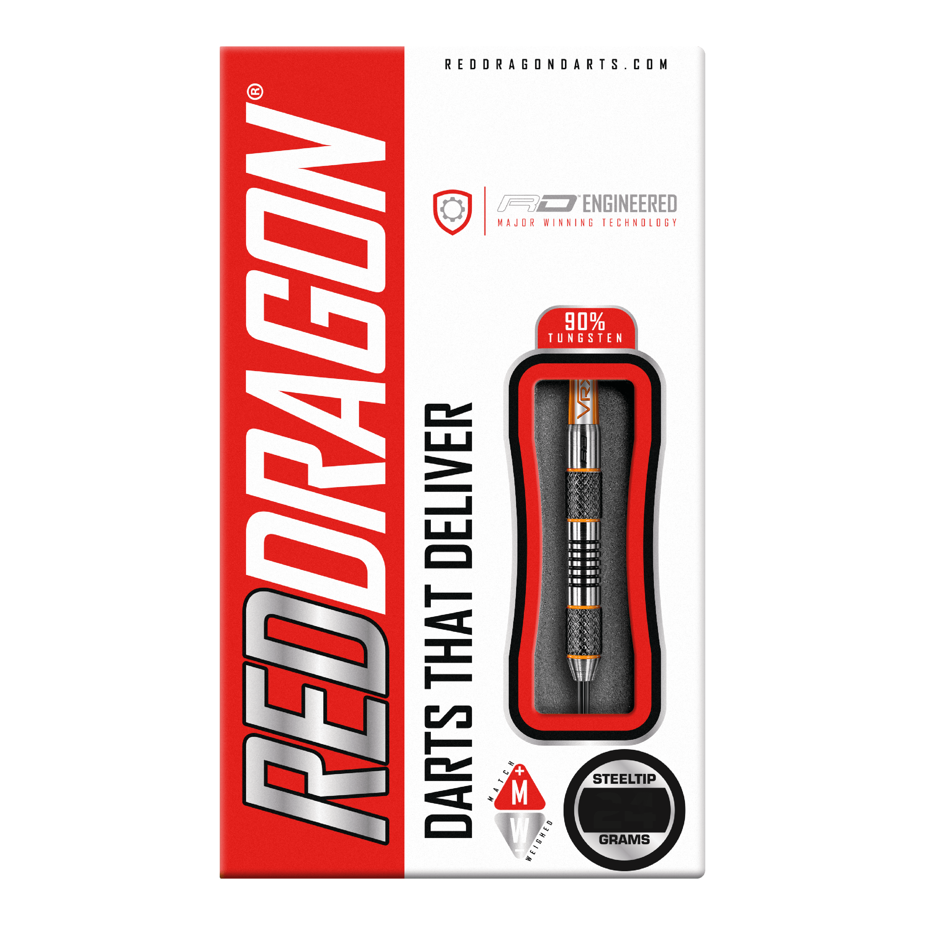 Rzutki stalowe Red Dragon Amberjack 5 - 24g Die Abbildung zeigt die Verpackung der "Red Dragon Amberjack 5 Steeldarts - 24g". Auf der Packung sind ein sichtbarer Dartpfeil und die Aufschrift "Darts That Deliver" zu sehen.