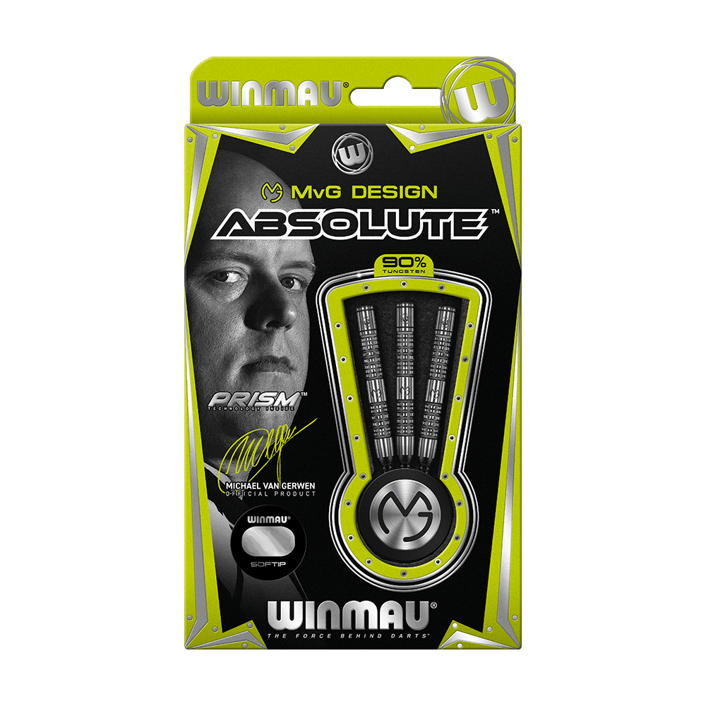 2431_Winmau_Michael_Van_Gerwen_MvG_Absolute_Softdarts_3167WUWAbL6F83 Auf dem Bild ist die Verpackung der "Winmau Michael Van Gerwen MvG Absolute Softdarts" zu sehen. Die Packung ist schwarz-grün gestaltet und zeigt drei Softdarts sowie ein Porträt von Michael Van Gerwen.