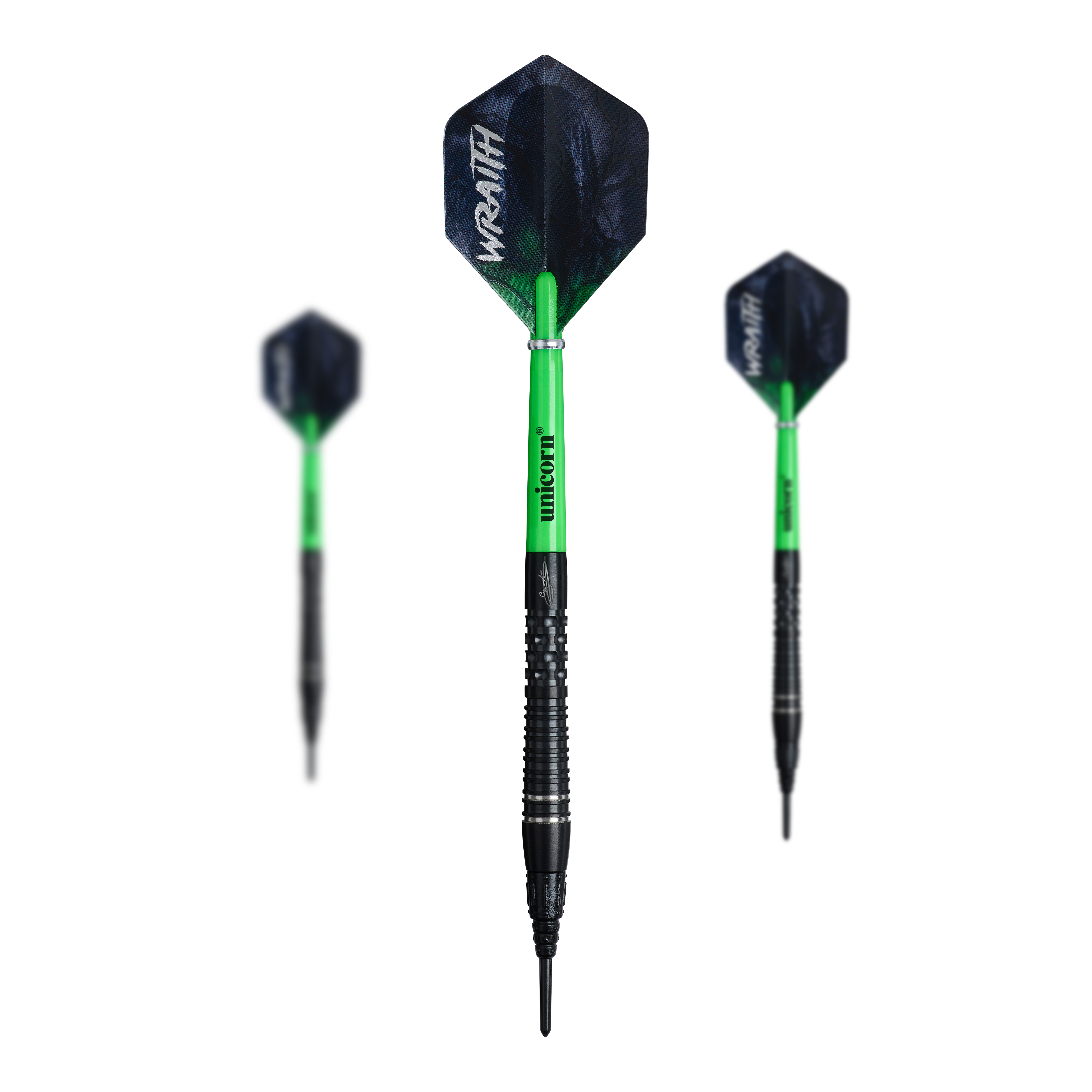 Das Bild zeigt ein Set der Unicorn Wraith Gary Anderson Phase 6 Softdarts mit 20g Gewicht. Das Set ist vollständig abgebildet.