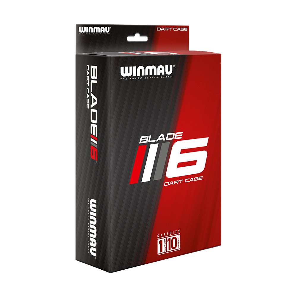 8334_Winmau_Blade6_Dartcase_5 Die Abbildung zeigt die Verpackung des Produkts „Winmau Blade 6 Dartcase“. Die Verpackung ist in Schwarz und Rot gehalten und hebt die Kapazität von 1 Satz mit 10 Taschen hervor.