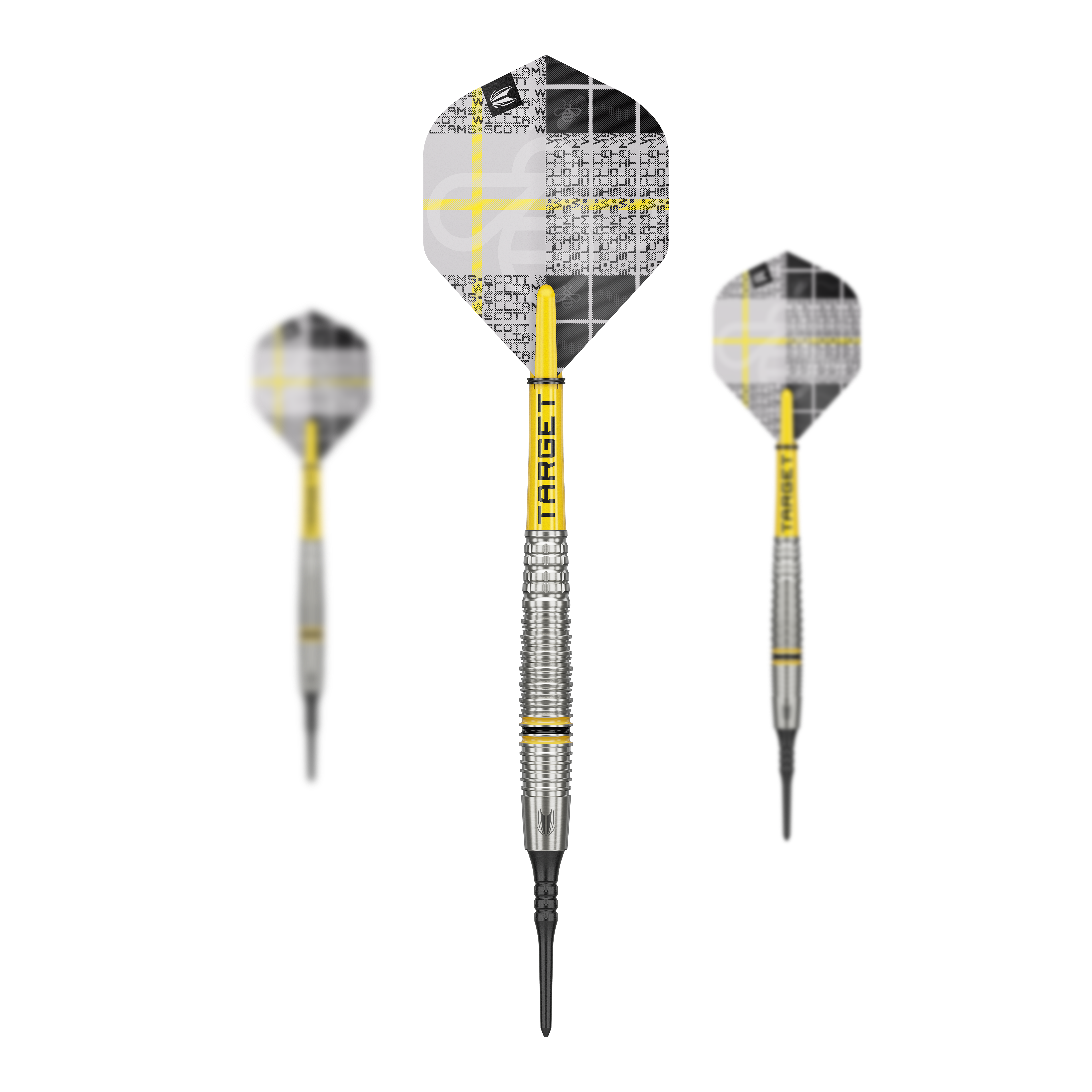 Lotki miękkie Target Scott Williams GEN2 - 18g Das Bild zeigt drei Softdarts des Modells "Target Scott Williams GEN2" mit einem Gewicht von 18g. Die Darts haben gelb-silberne Schächte und moderne Flights mit einem schwarz-weißen Muster.