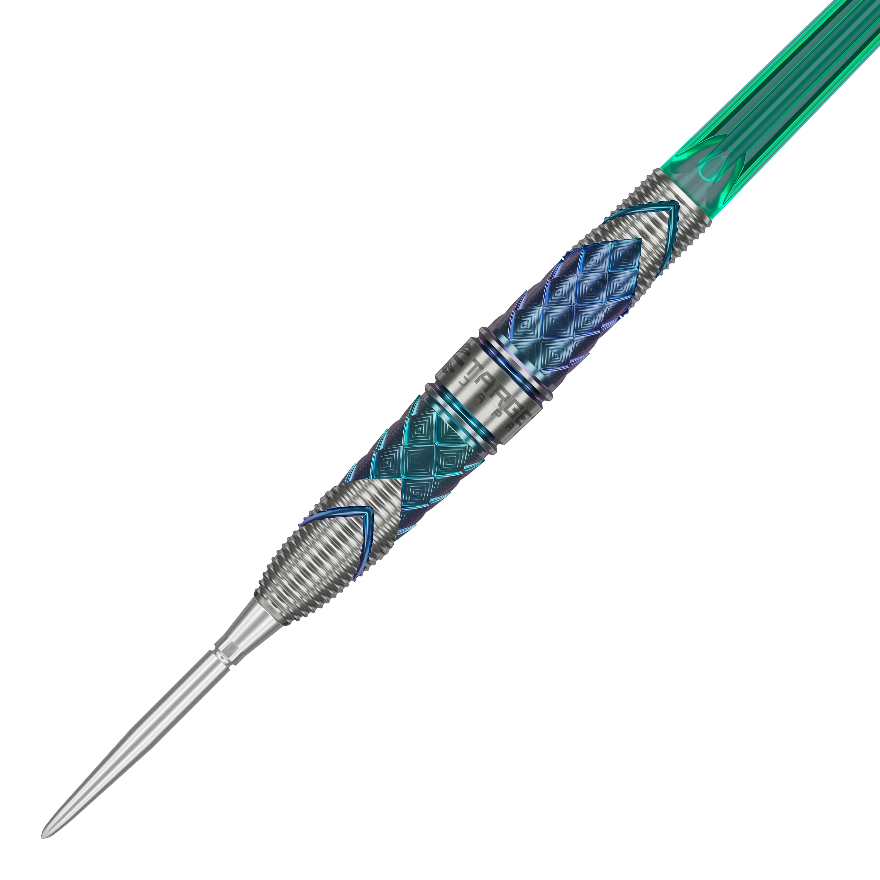 Dies ist der Target Japan Kaze Series Ceros 01 Steeldart mit einem Gewicht von 23 Gramm. Der Dart hat ein auffälliges, detailliertes Design mit blauen und silbernen Mustern.