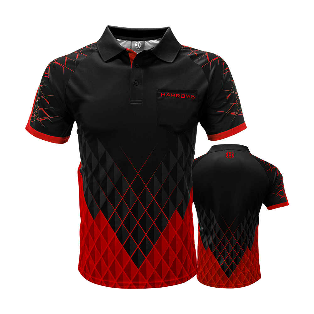 HRS-26036_Harrows_Paragon_Dartshirt_Rot_0 Das Bild zeigt das Harrows Paragon Dartshirt in Rot mit einem auffälligen, geometrischen Muster in Schwarz und Rot. Auf der Vorderseite befindet sich eine Brusttasche mit dem Harrows-Logo.