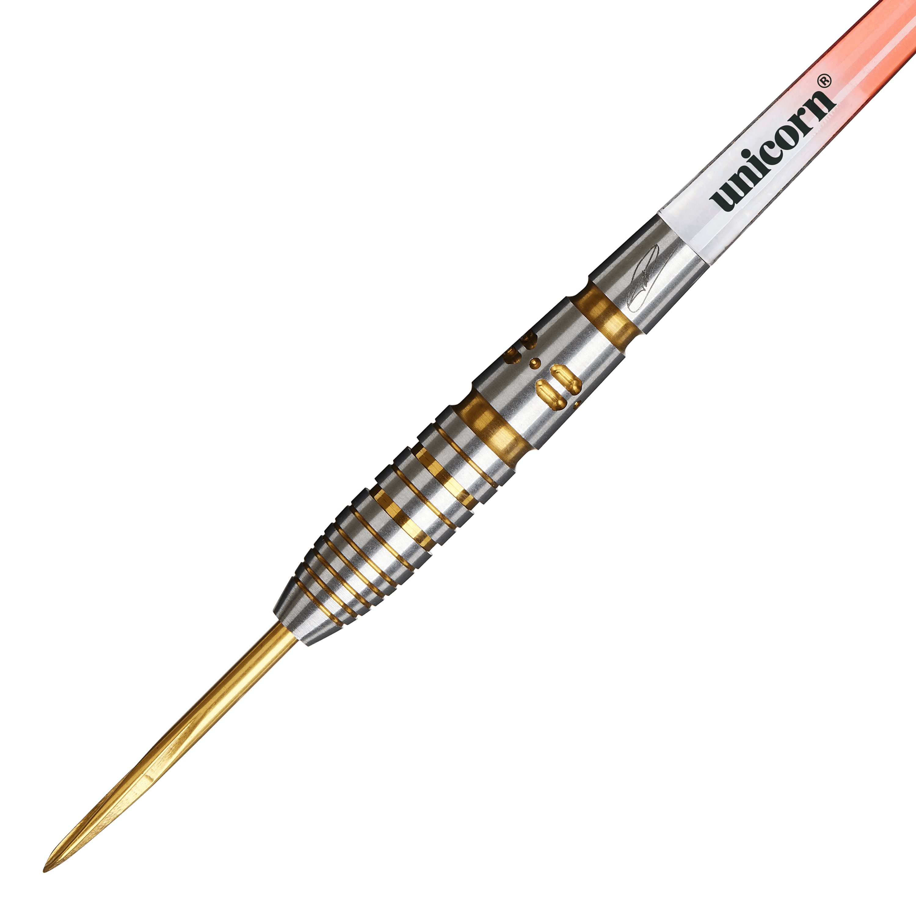 Auf dem Bild ist ein Unicorn Contender Tim Wolters Steeldart mit einem Gewicht von 24g zu sehen. Der Dartpfeil hat silberne und goldene Rillen sowie eine goldene Spitze.