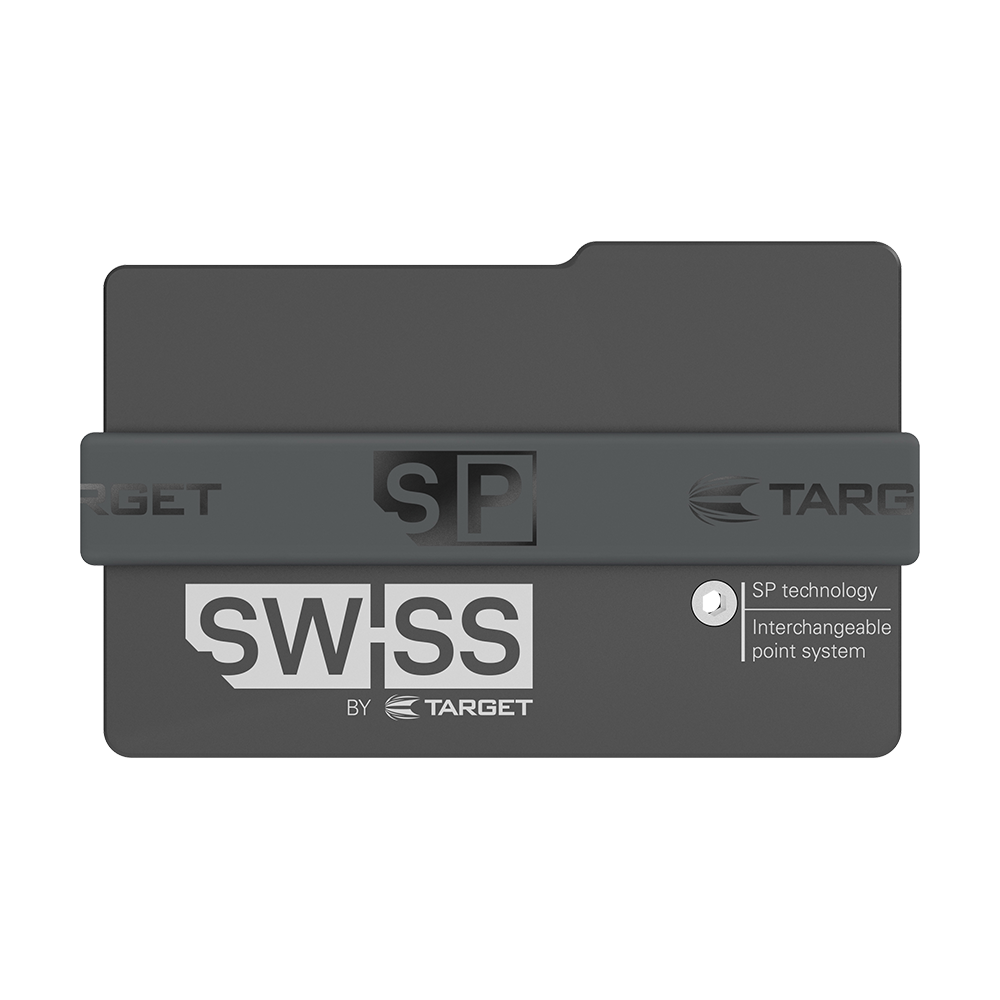 Das Bild zeigt das Produkt "Target Swiss Point Safe". Es ist eine schwarze Aufbewahrungsbox für Dartspitzen mit dem Aufdruck "SWISS by Target".