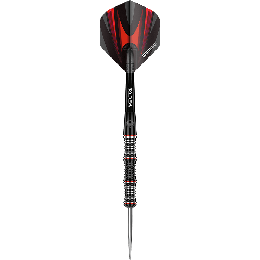 1461_Winmau_Mervyn_King_Special_Edition_Steeldarts_1kRZEQ6dGi2fcp Das Bild zeigt einen Winmau Mervyn King Special Edition Steeldart. Der Dartpfeil hat ein schwarzes Design mit roten Akzenten am Flight und am Griff.