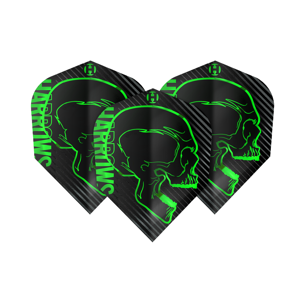 Harrows Rage Green No6 Flights Das Bild zeigt drei schwarze Dart-Flights mit einem grünen Totenkopf-Design und dem Schriftzug "Harrows". Die Flights sind das Modell "Harrows Rage Green No6".