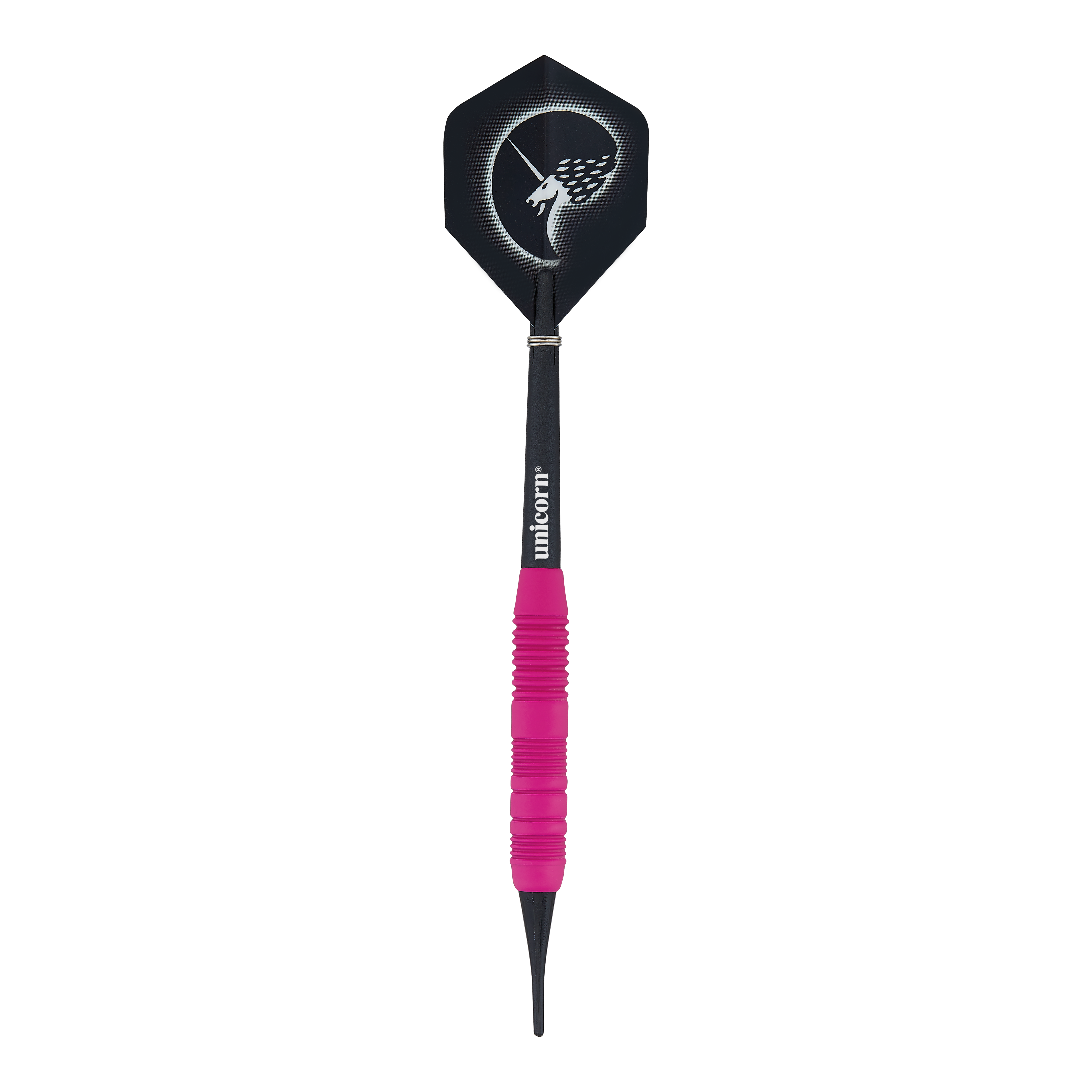 Unicorn Core Plus Gumowane Różowe Miękkie Lotki - 19g Das Bild zeigt einen Unicorn Core Plus Rubberised Pink Softdart mit einem Gewicht von 19 Gramm. Der Dartpfeil hat einen pinkfarbenen, gummierten Griff und eine schwarze Flights mit einem stilisierten Einhorn-Design.
