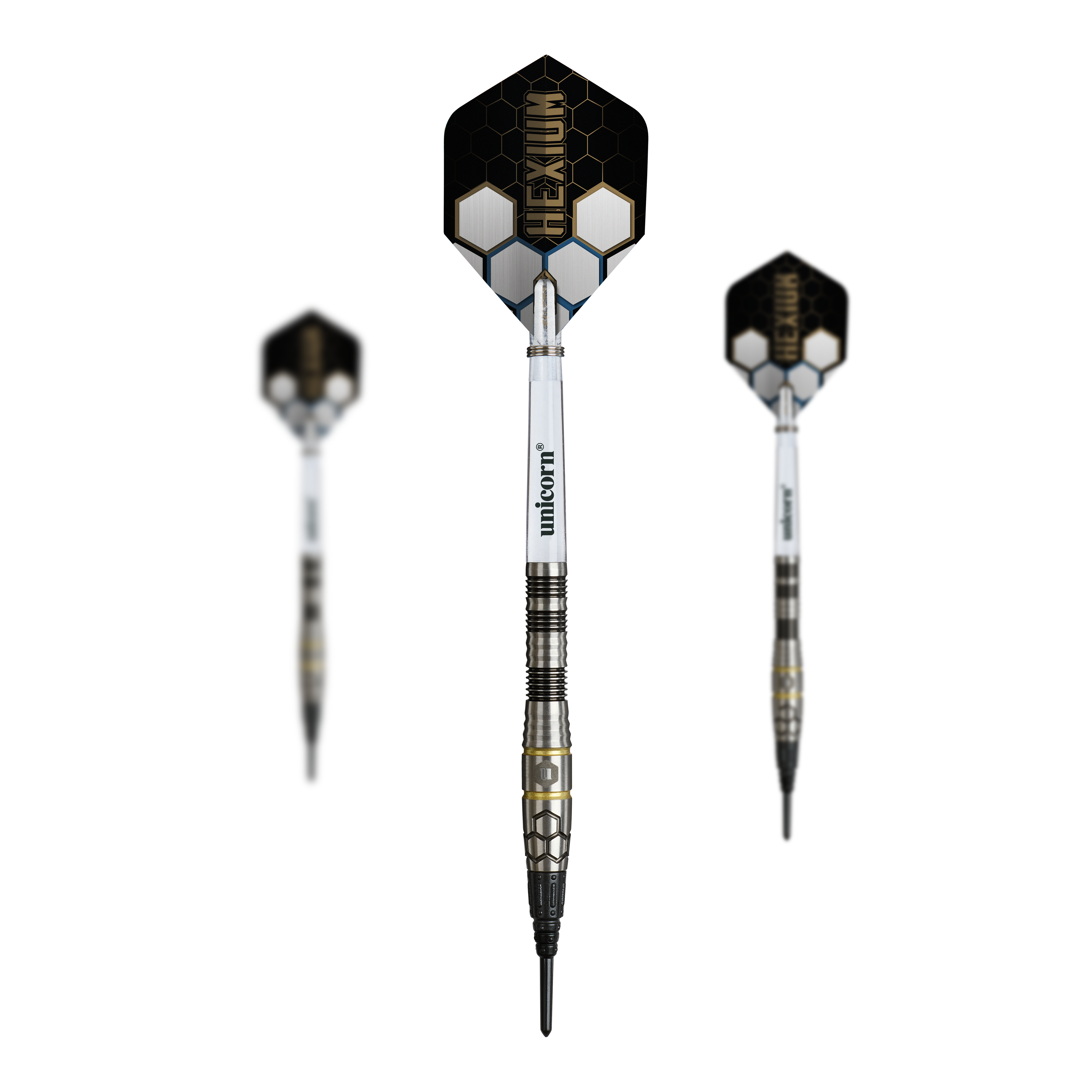 Unicorn Hexium Style 01 Czarno-złote miękkie lotki - 22 g Dieses Set zeigt die Unicorn Hexium Style 01 Black & Gold Softdarts - 22g als Set. Perfekt für Spieler, die ein passendes, abgestimmtes Dart-Set suchen.