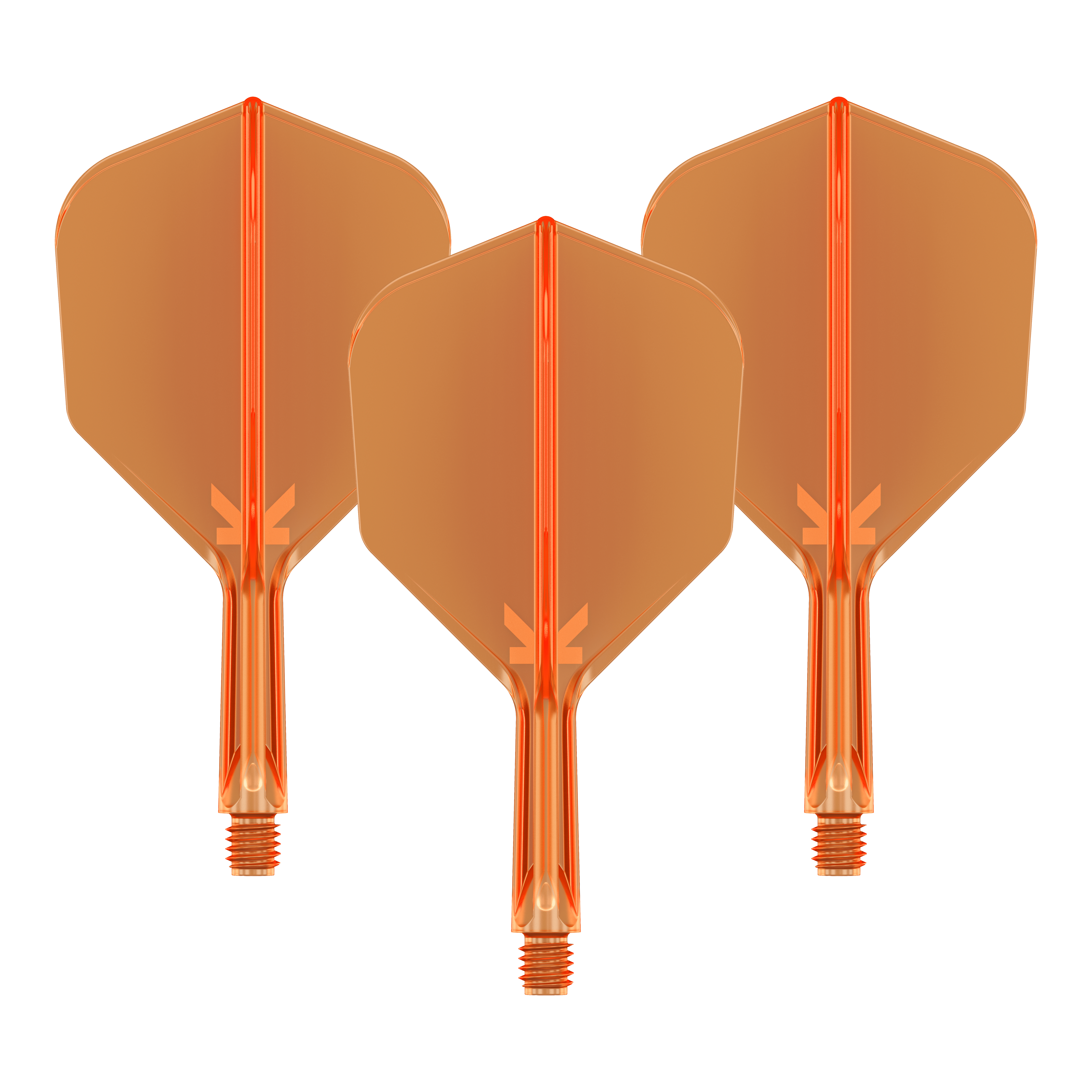 System lotu Target K-Flex No6 – neonowopomarańczowy Auf dem Bild sind drei neonorange Darts-Flights mit Schaft zu sehen. Sie sind nebeneinander angeordnet und haben eine transparente Optik.