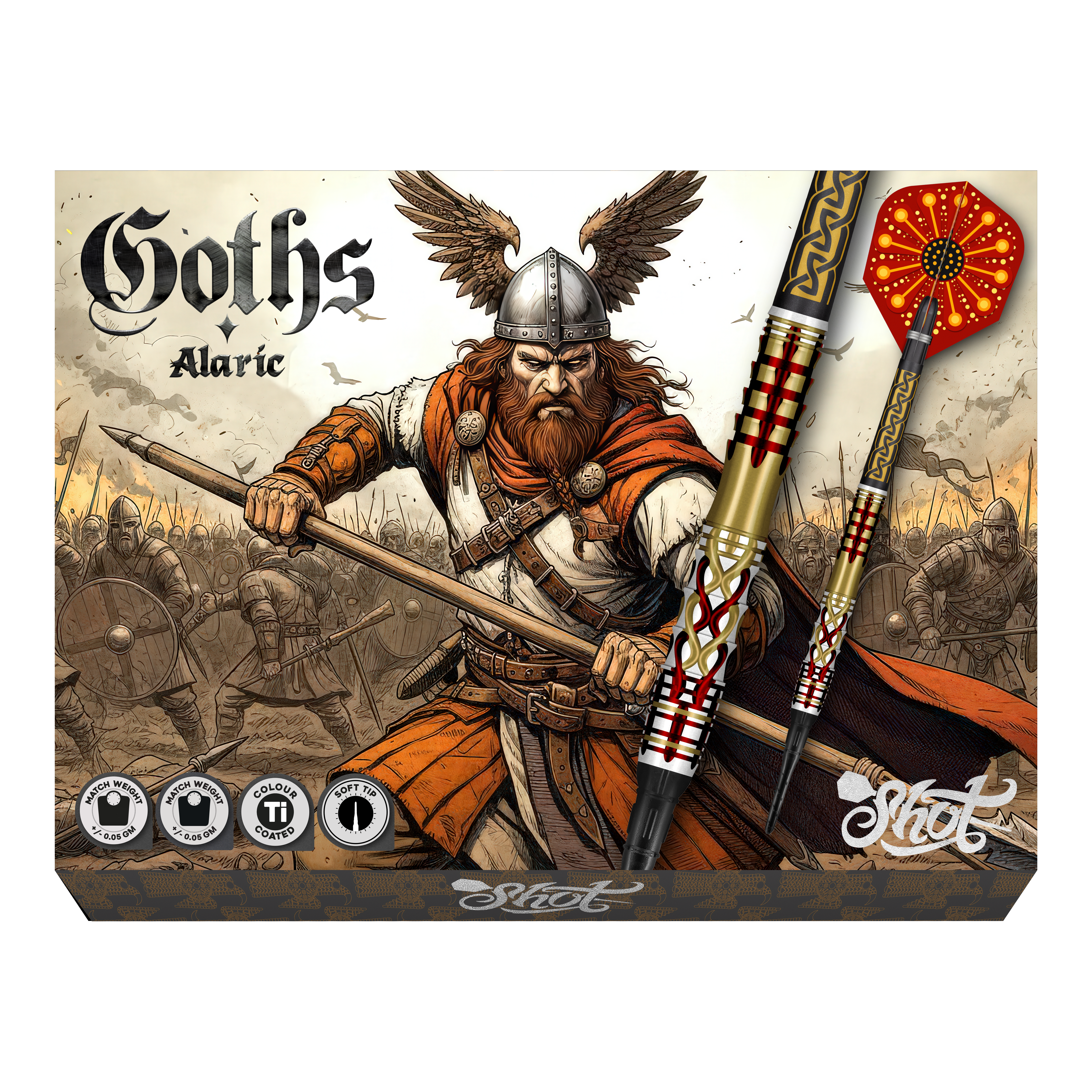 Shotki miękkie Shot Goths Alaric - 20g Abgebildet sind Shot Goths Alaric Softdarts mit einem Gewicht von 20g. Die Darts eignen sich perfekt für das Softdart-Spiel.