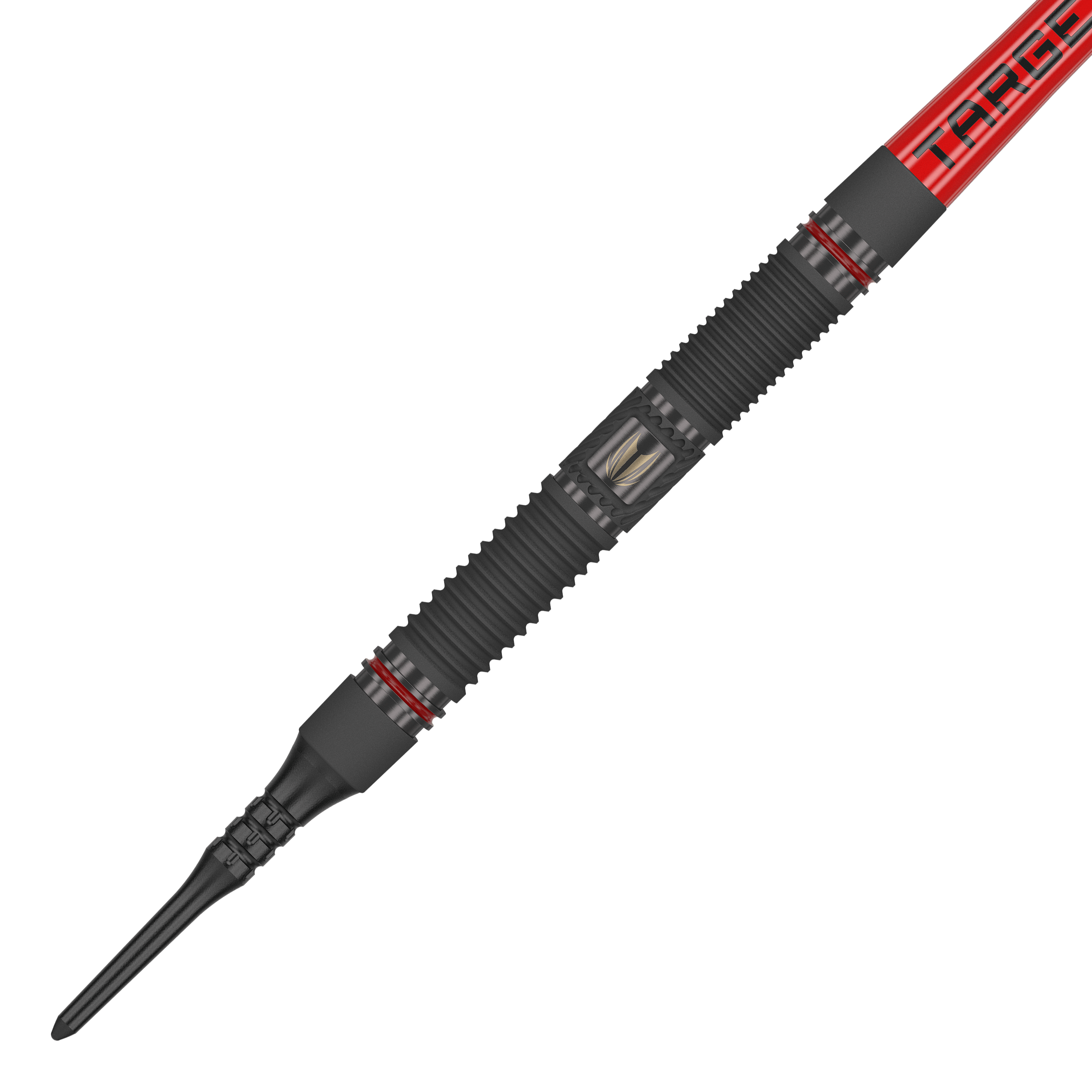 Targetownik 10 miękkich rzutek Das Bild zeigt einen Target Scope 10 Softdart mit einem schwarzen, geriffelten Griff und roten Akzenten. Der Dart hat eine rote Fliege mit der Aufschrift "TARGET".