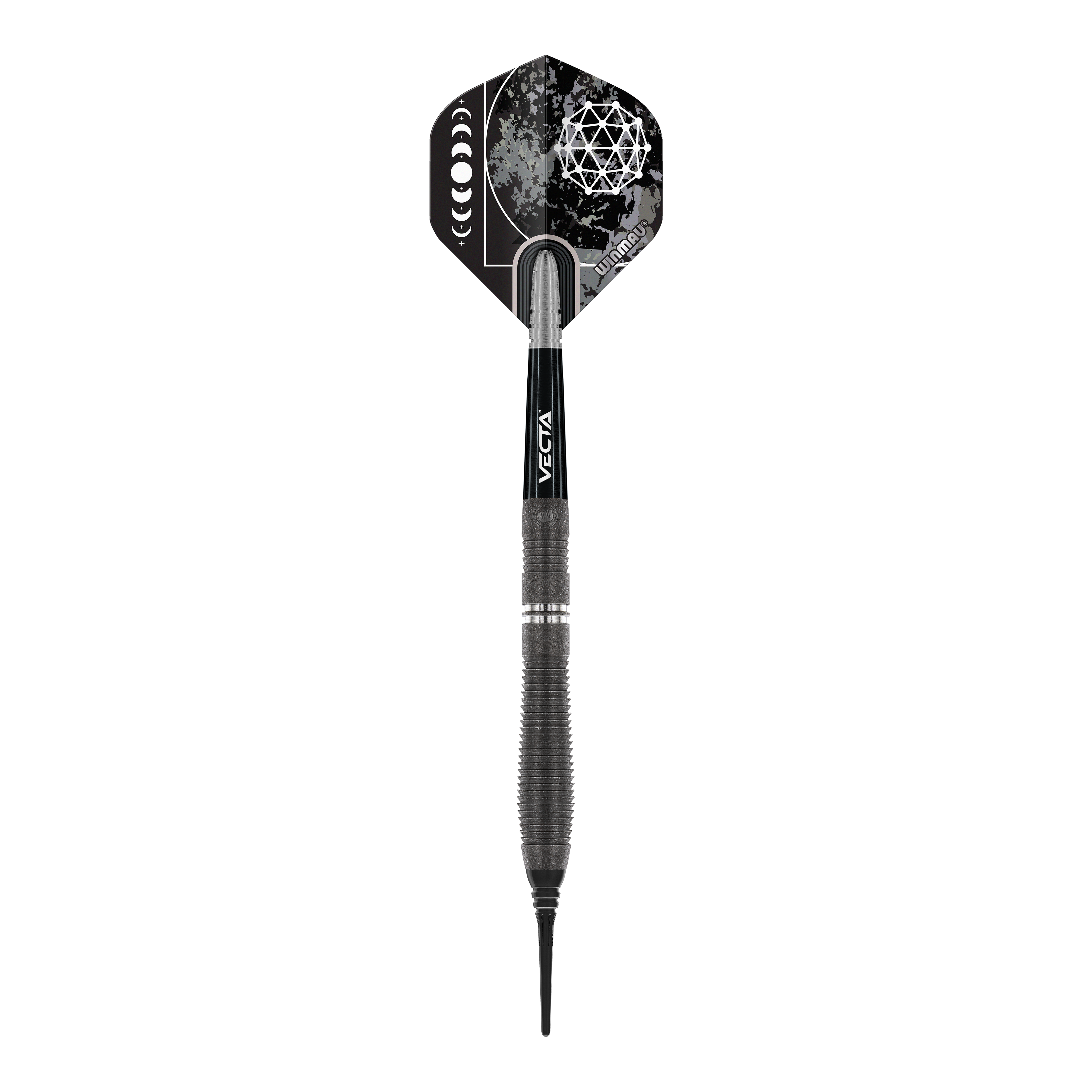 Winmau Callisto 02 Softdarts - 20g Das Bild zeigt den Winmau Callisto 02 Softdart mit einem Gewicht von 20g. Der Dart ist schwarz und hat ein modernes Design mit weißen Mustern auf dem Flight.