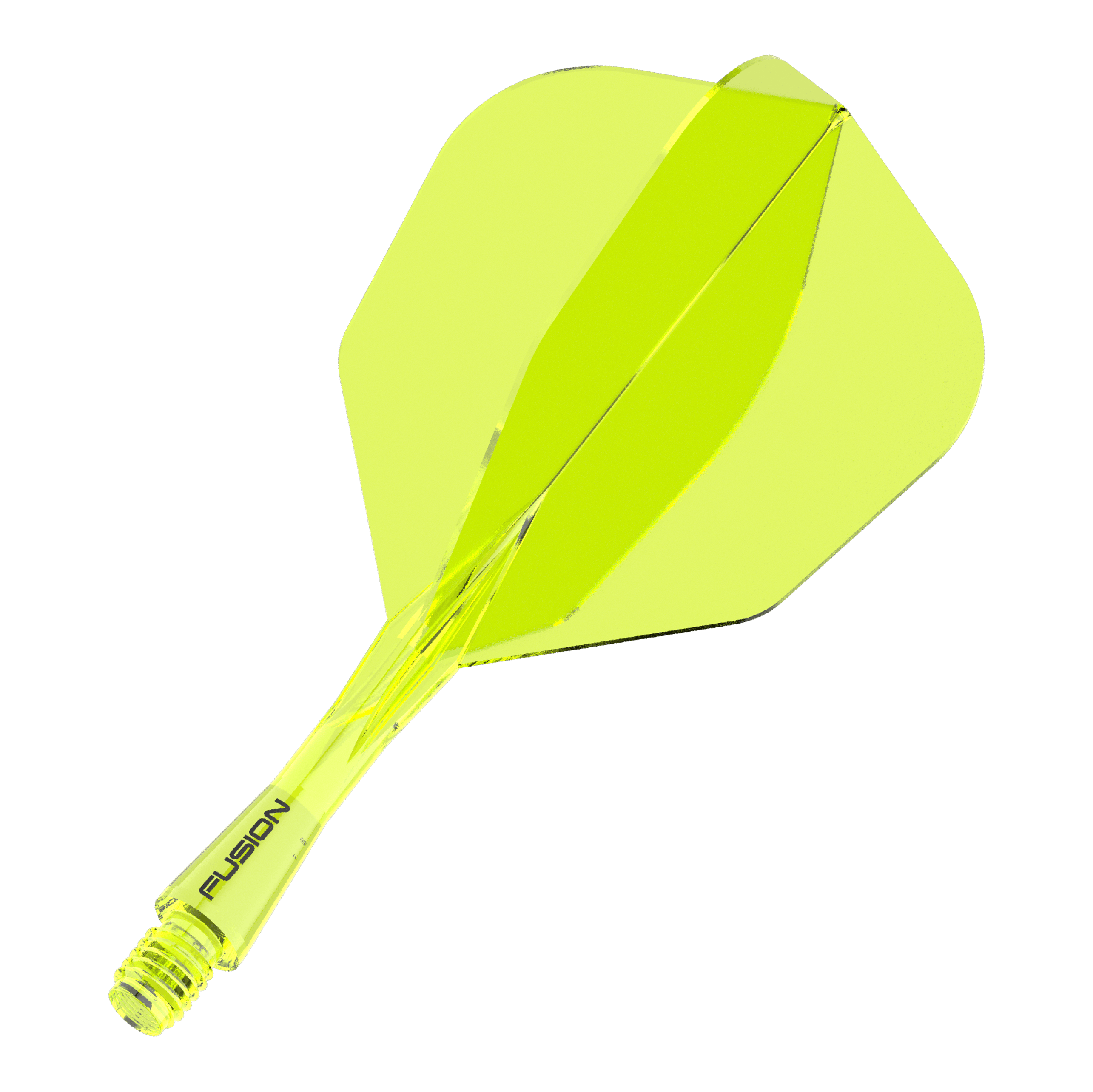 Winmau Fusion Flight Shaft System No6 Neon Yellow Das Bild zeigt ein neon-gelbes Dartflight- und Shafts-System. Auf dem Schaft steht das Wort "FUSION".