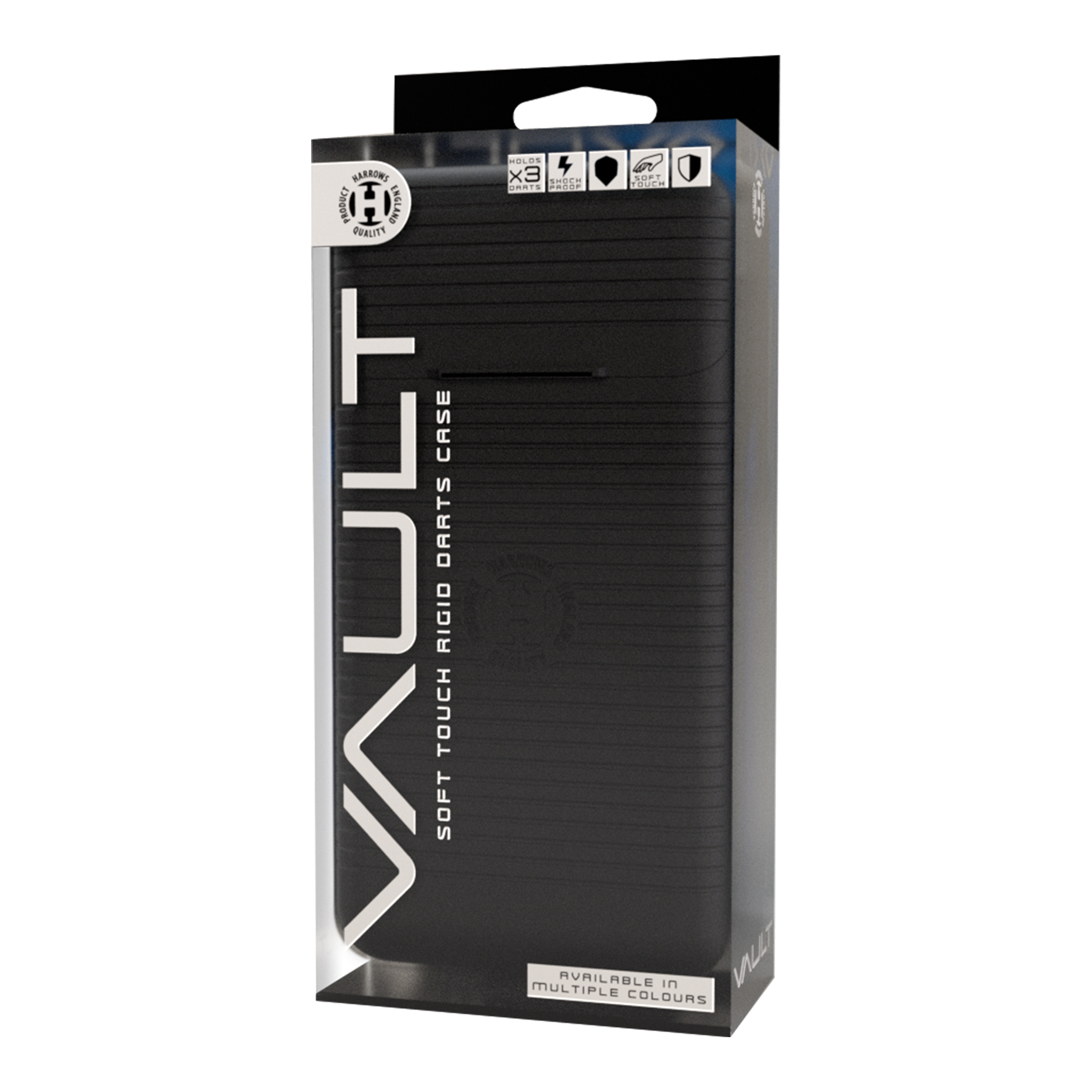 Zu sehen ist das Harrows Vault Dartcase. Es handelt sich um ein robustes Etui zur sicheren Aufbewahrung von Darts.
