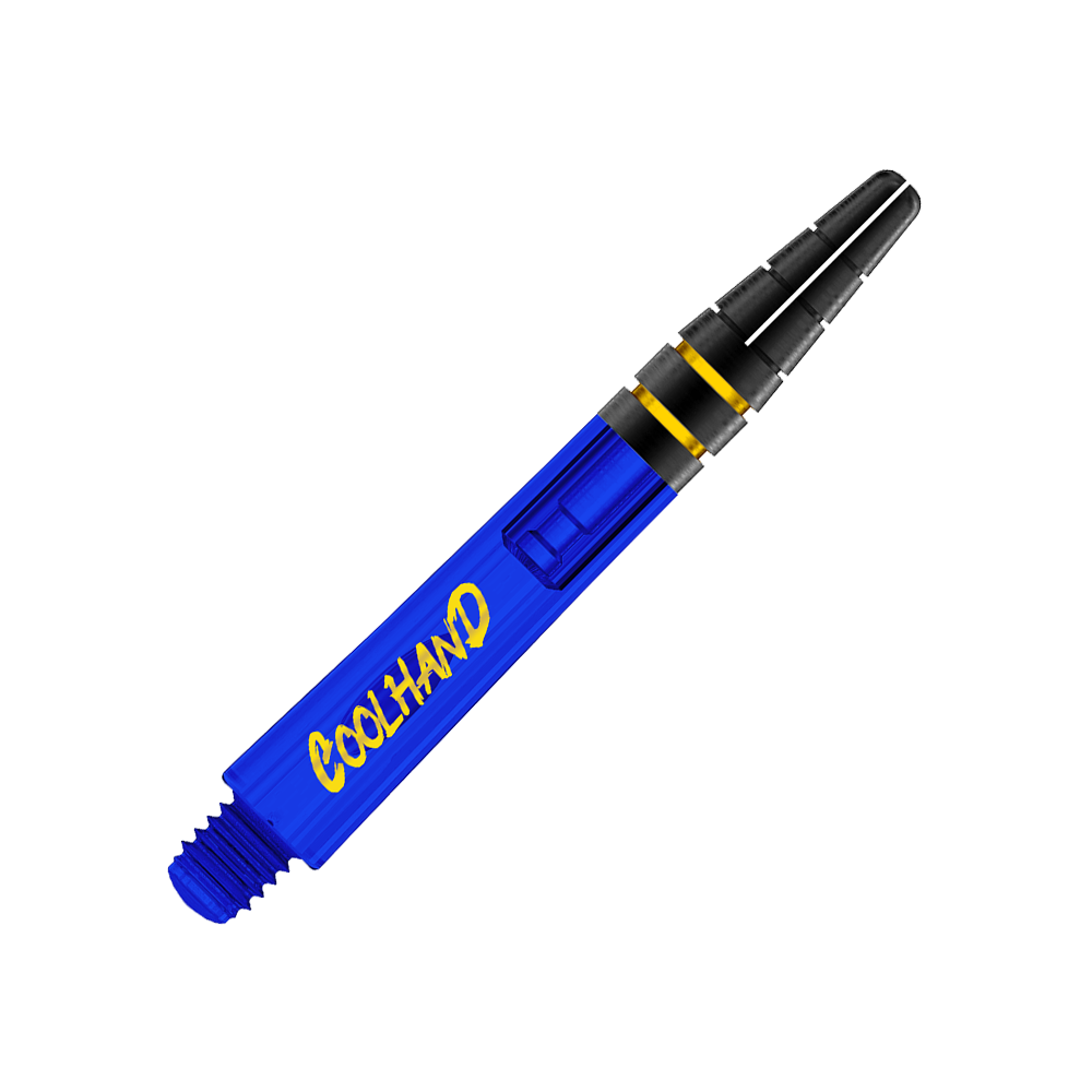 Red Dragon Nitrotech Luke Humphries Coolhand Shafts - Niebieski Das Bild zeigt einen blauen Dart-Schaft mit der Aufschrift "COOLHAND" in gelber Schrift. Der Schaft hat am oberen Ende schwarze und gelbe Akzente.