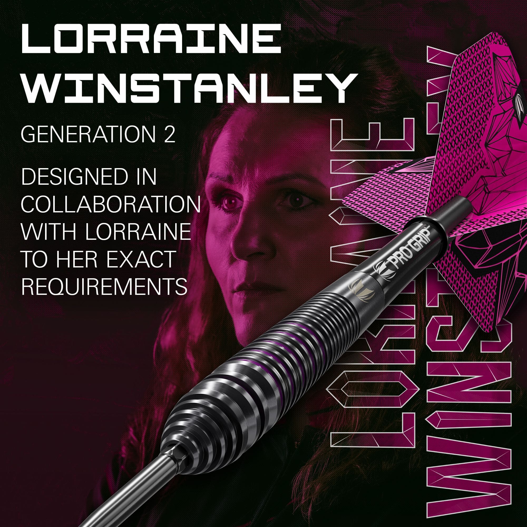 Lotki stalowe Target Lorraine Winstanley GEN2 Swiss Point - 24g Dieses Bild zeigt ebenfalls die Target Lorraine Winstanley GEN2 Swiss Point Steeldarts - 24g. Die Detailansicht stellt die Verarbeitung und Form der Darts dar.