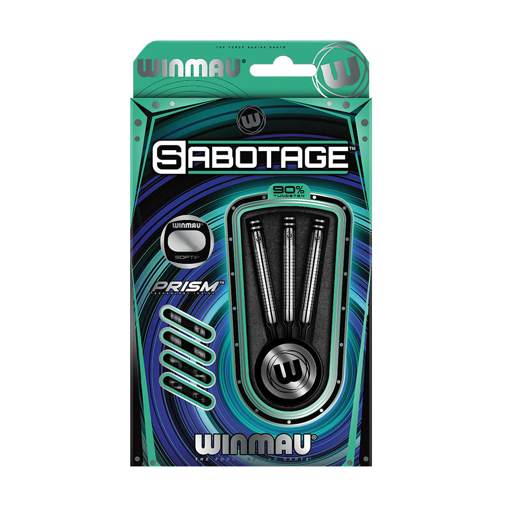 Auf dem Bild ist eine Verpackung mit drei Softdarts der Marke Winmau zu sehen. Die Darts tragen den Namen "Sabotage" und bestehen zu 90 % aus Tungsten.