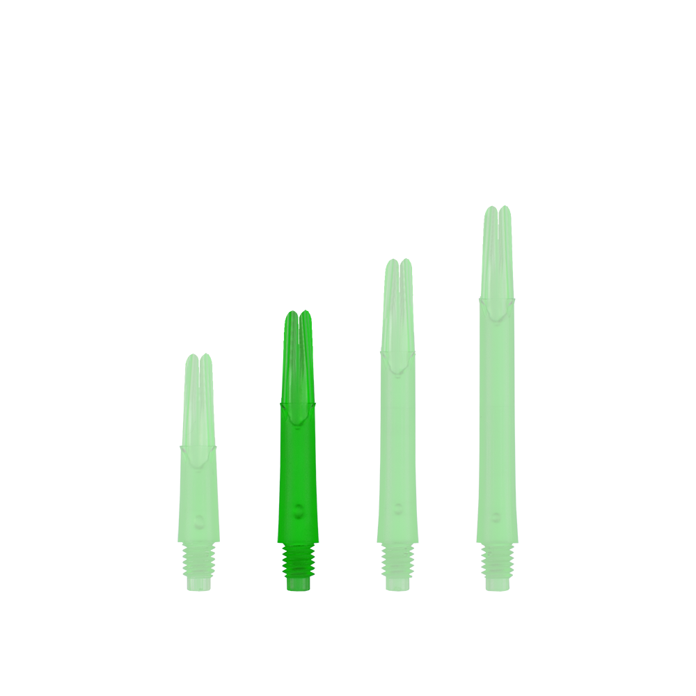 Auf dem Bild sind vier grüne, durchsichtige Kunststoff-Dartschäfte in unterschiedlicher Länge zu sehen. Sie stehen nebeneinander aufrecht auf einem grünen Hintergrund.