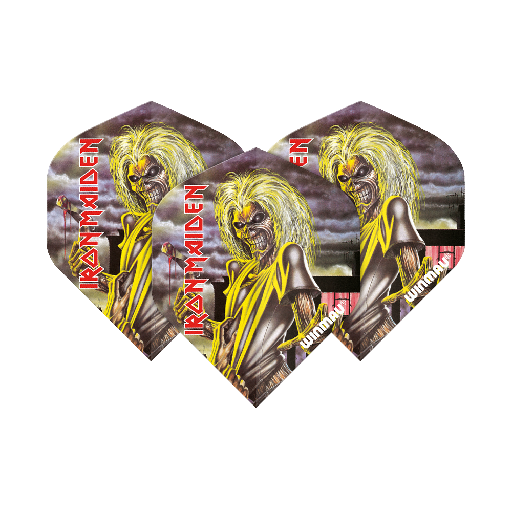 6905-223_Winmau_Rockstar_Legends_Iron_Maiden_Killers_Standard_Flights_17Ccn0TkoOWELn Das Bild zeigt drei Dartflights mit dem Iron Maiden "Killers" Albumcover und dem Text "IRON MAIDEN" in roter Schrift. Die Flights sind von der Marke Winmau und tragen den Namen "Rockstar Legends Iron Maiden Killers Standard Flights".