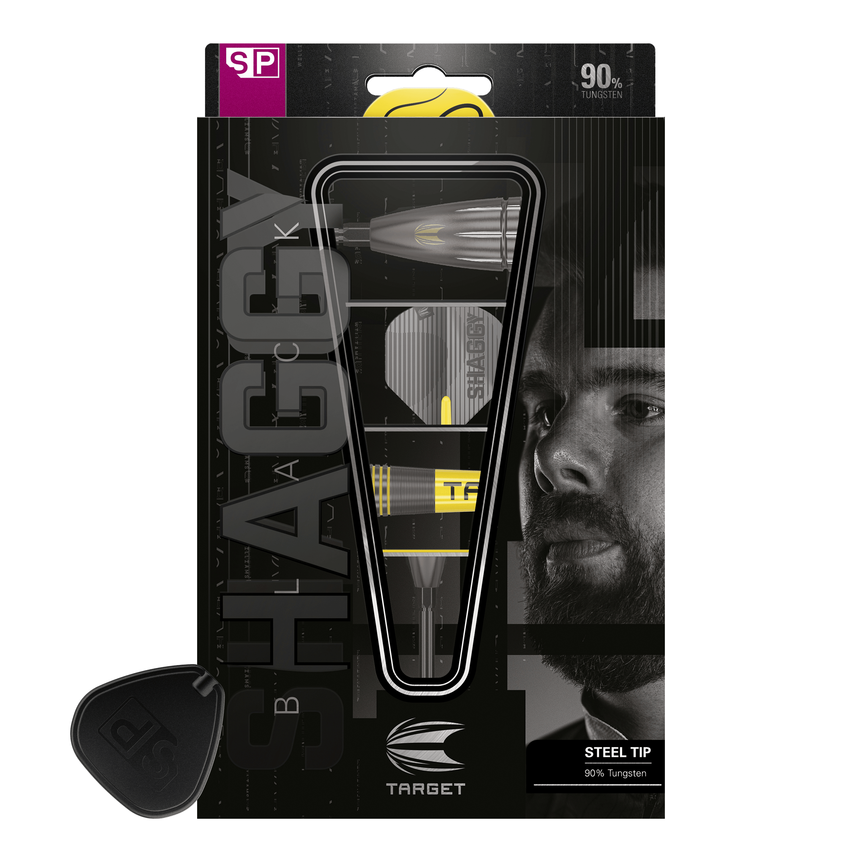 Lotki stalowe Target Scott Williams Shaggy Black Swiss Point Das Bild zeigt die Verpackung der "Target Scott Williams Shaggy Black Swiss Point Steeldarts". Auf der Verpackung sind ein abgebildeter Dartpfeil sowie das Gesicht eines Mannes zu sehen.